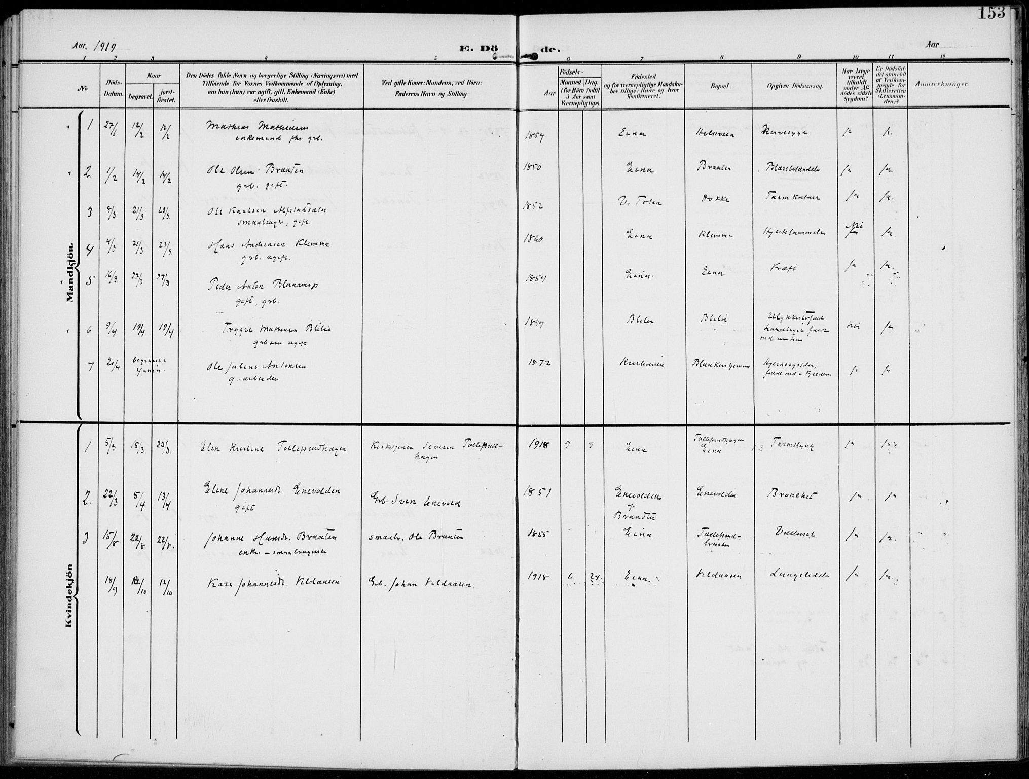 Kolbu prestekontor, SAH/PREST-110/H/Ha/Haa/L0001: Parish register (official) no. 1, 1907-1923, p. 153