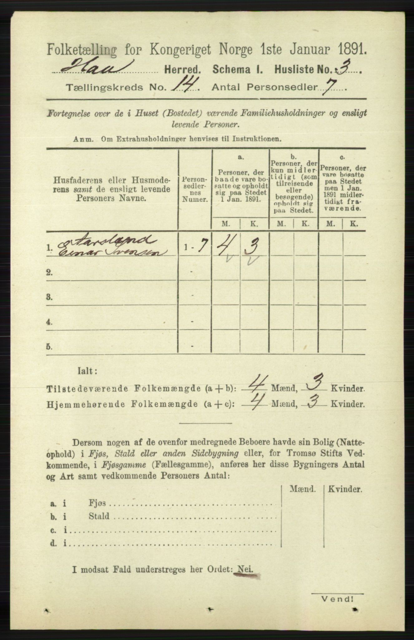 RA, 1891 census for 1119 Hå, 1891, p. 3323