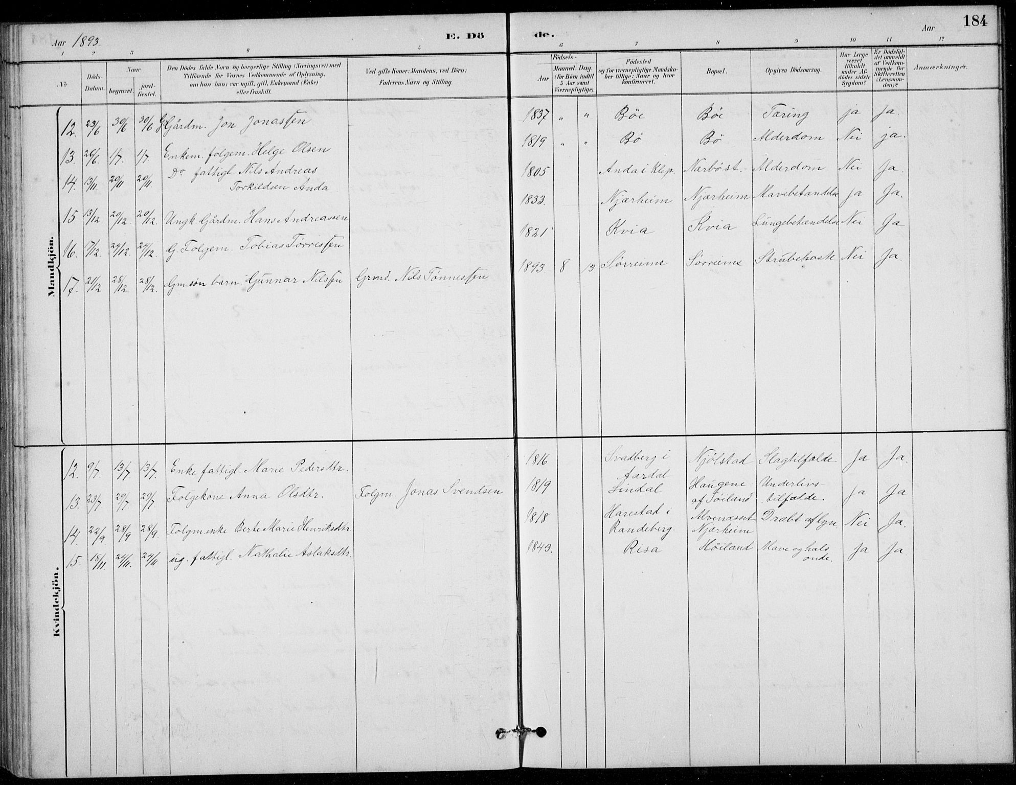 Hå sokneprestkontor, AV/SAST-A-101801/001/30BB/L0003: Parish register (copy) no. B 3, 1883-1894, p. 184