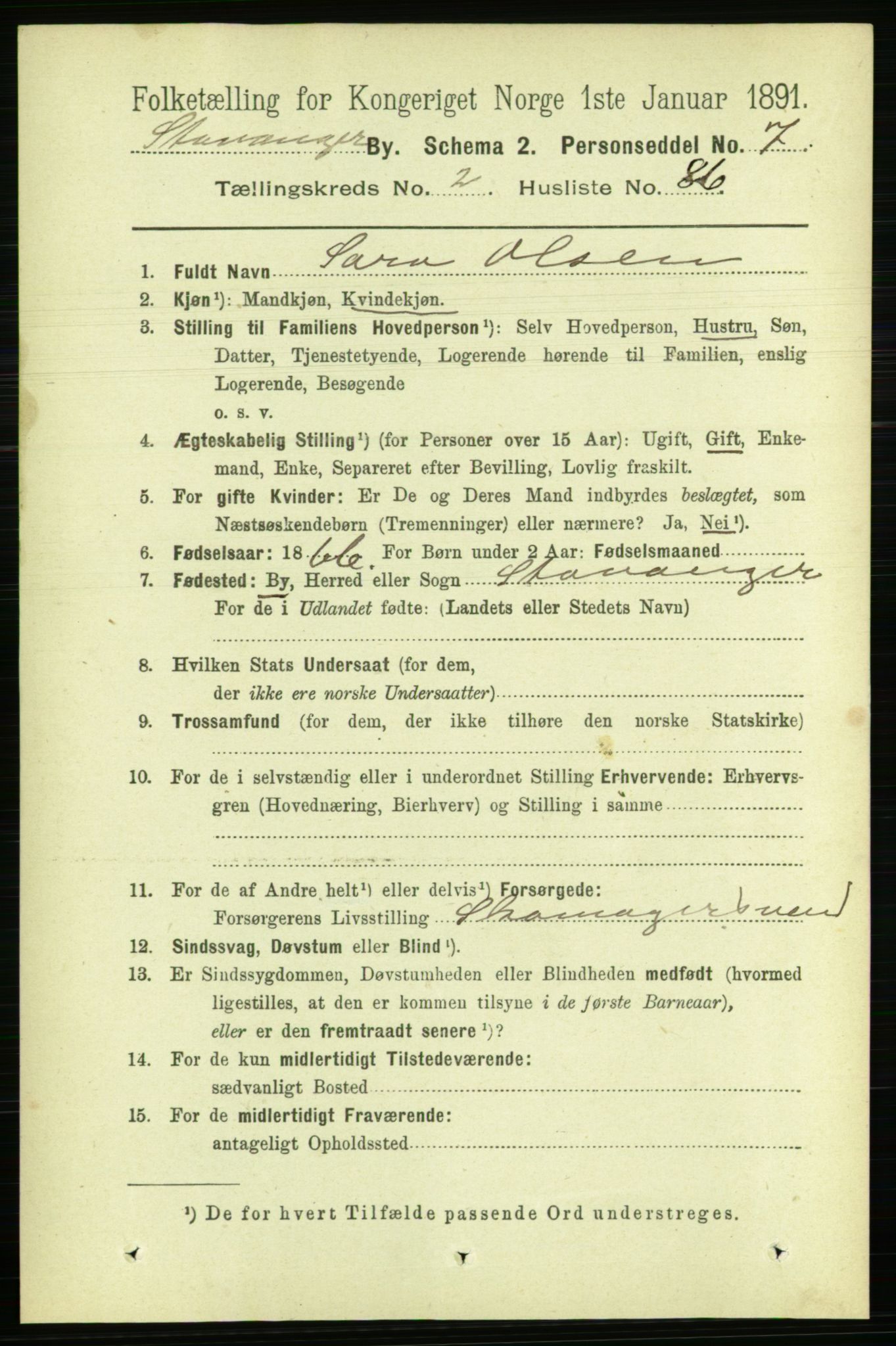 RA, 1891 census for 1103 Stavanger, 1891, p. 6673