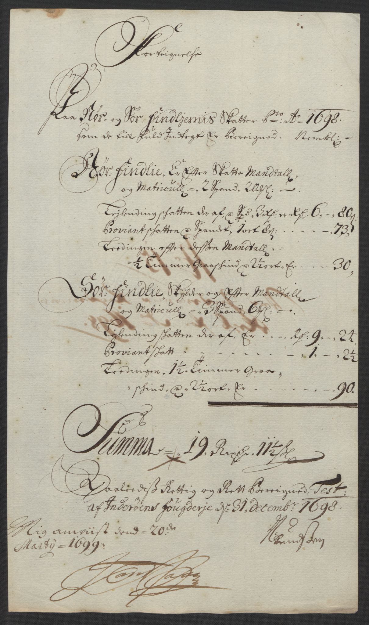 Rentekammeret inntil 1814, Reviderte regnskaper, Fogderegnskap, RA/EA-4092/R63/L4310: Fogderegnskap Inderøy, 1698-1699, p. 204