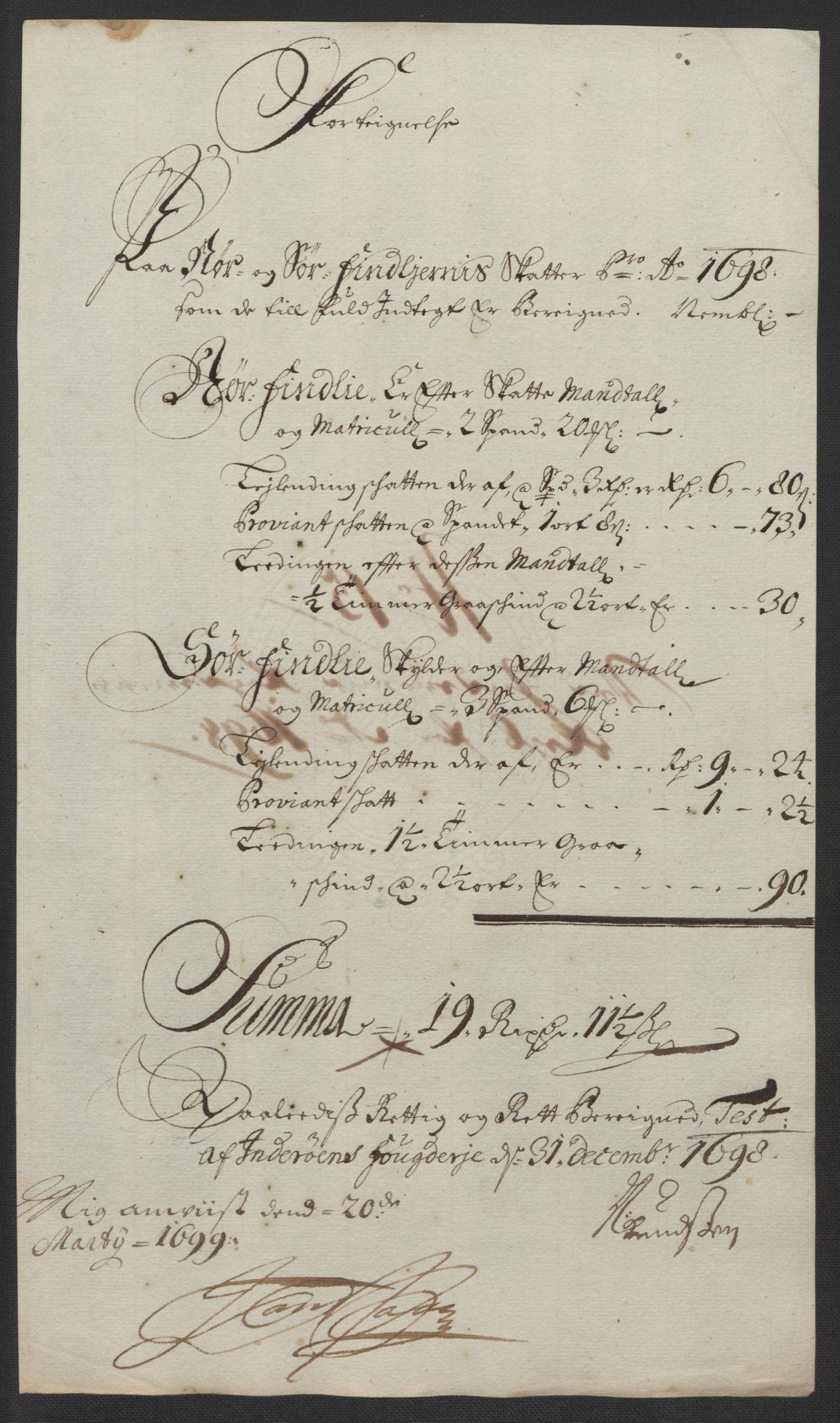 Rentekammeret inntil 1814, Reviderte regnskaper, Fogderegnskap, AV/RA-EA-4092/R63/L4310: Fogderegnskap Inderøy, 1698-1699, p. 204