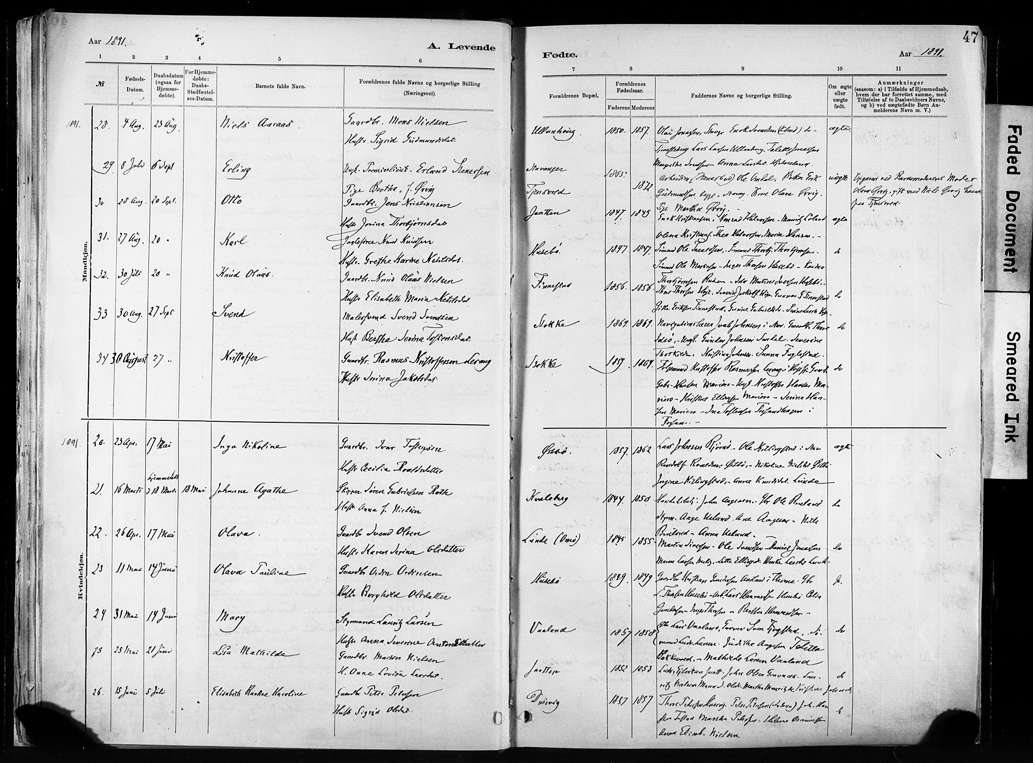 Hetland sokneprestkontor, SAST/A-101826/30/30BA/L0011: Parish register (official) no. A 11, 1884-1911, p. 47