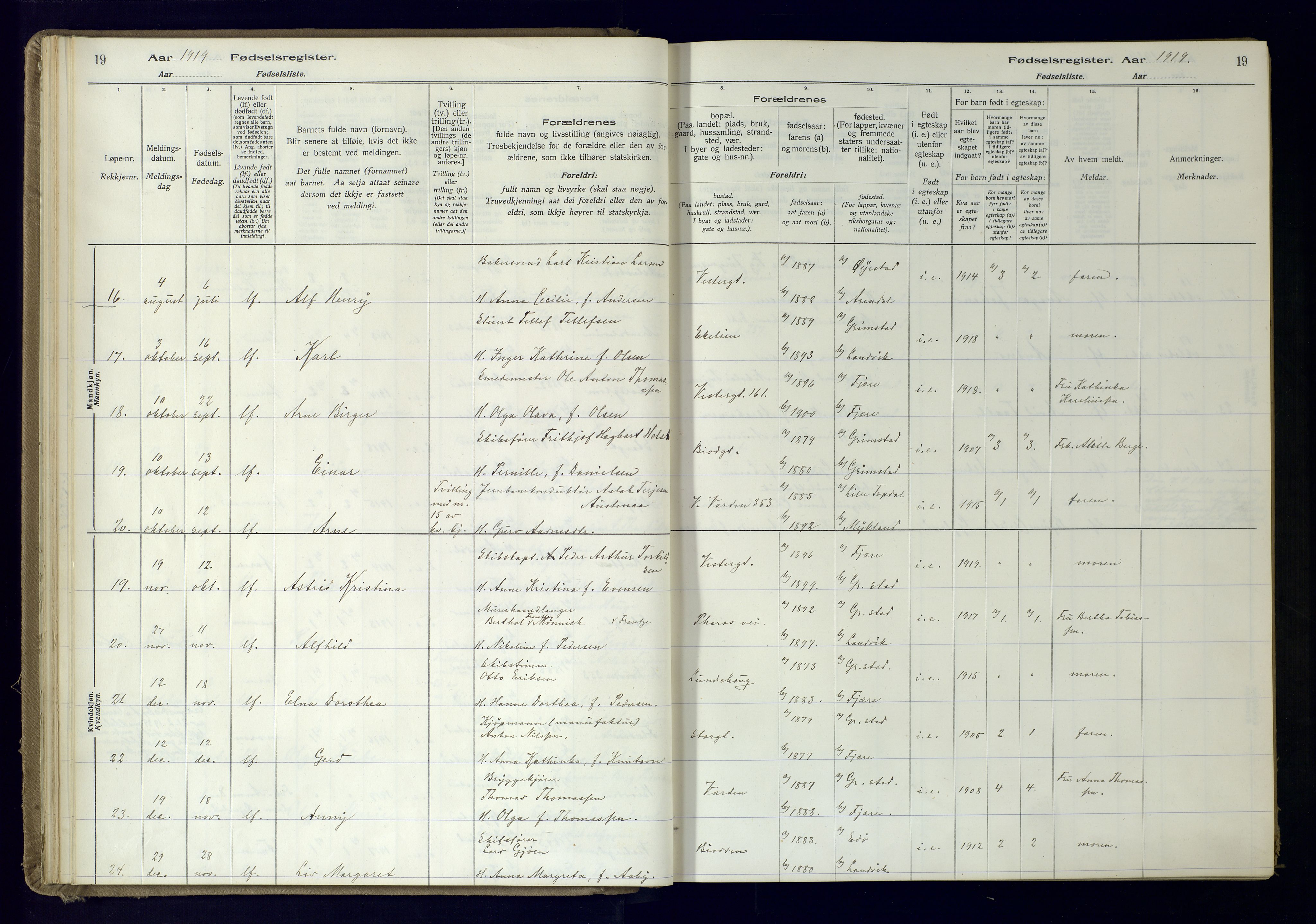 Grimstad sokneprestkontor, AV/SAK-1111-0017/J/Ja/L0001: Birth register no. 1, 1916-1960, p. 19