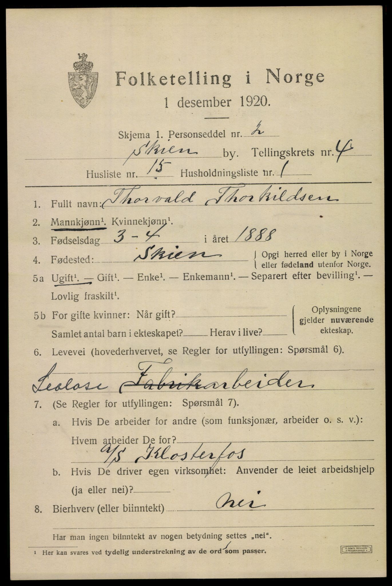 SAKO, 1920 census for Skien, 1920, p. 16864