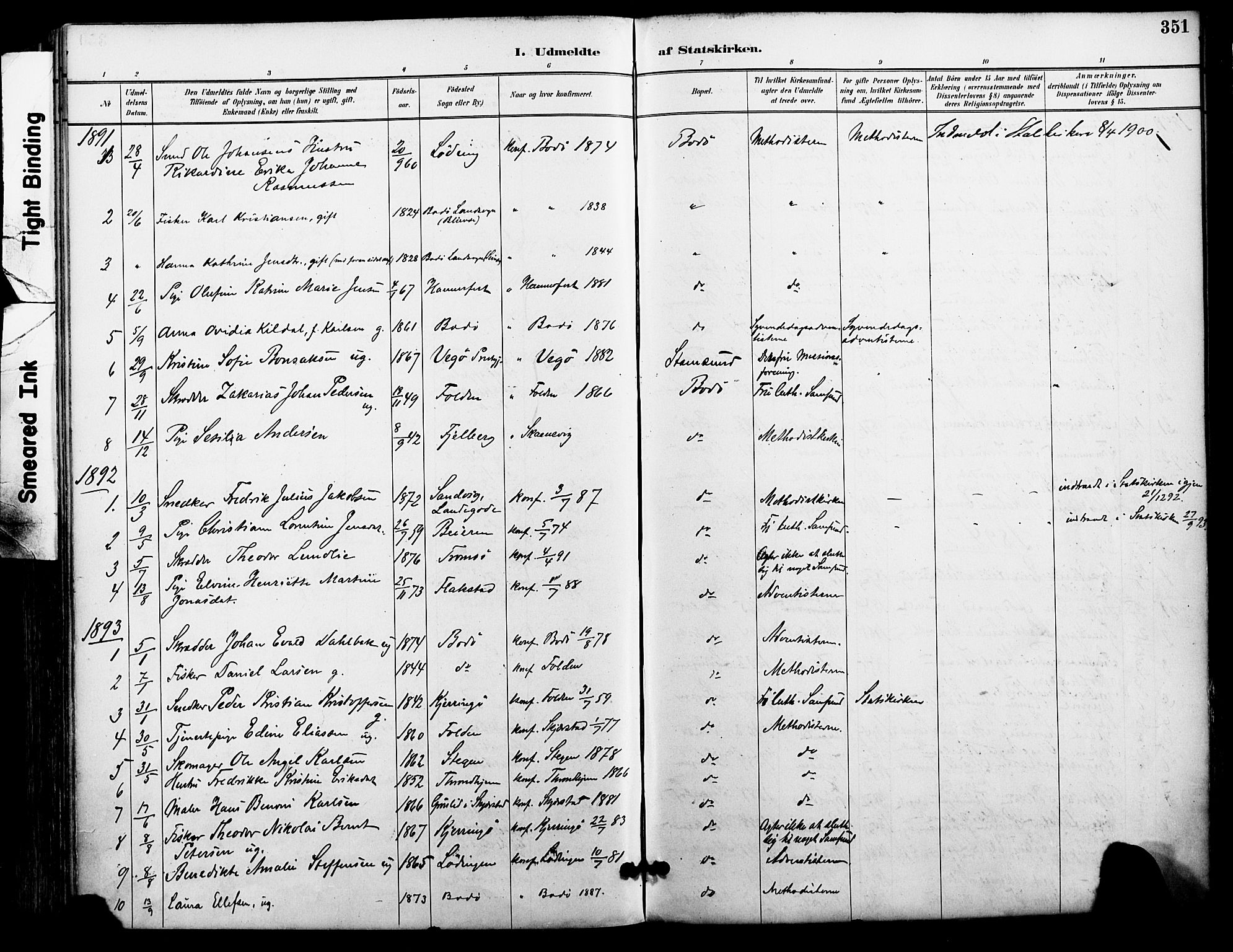 Ministerialprotokoller, klokkerbøker og fødselsregistre - Nordland, AV/SAT-A-1459/801/L0010: Parish register (official) no. 801A10, 1888-1899, p. 351