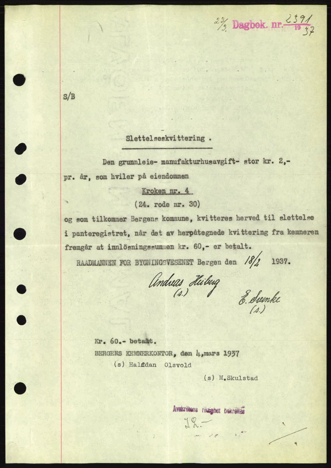 Byfogd og Byskriver i Bergen, SAB/A-3401/03/03Bc/L0004: Mortgage book no. A3-4, 1936-1937, Diary no: : 2391/1937