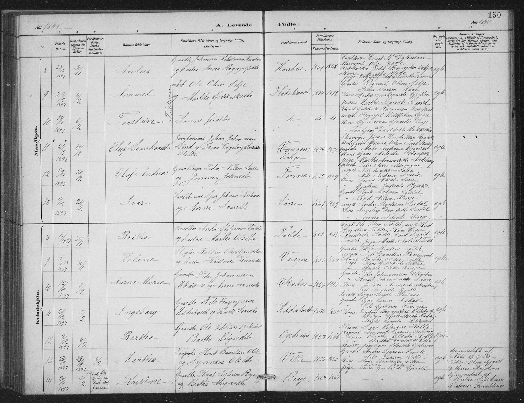 Voss sokneprestembete, SAB/A-79001/H/Hab: Parish register (copy) no. C 1, 1886-1899, p. 150