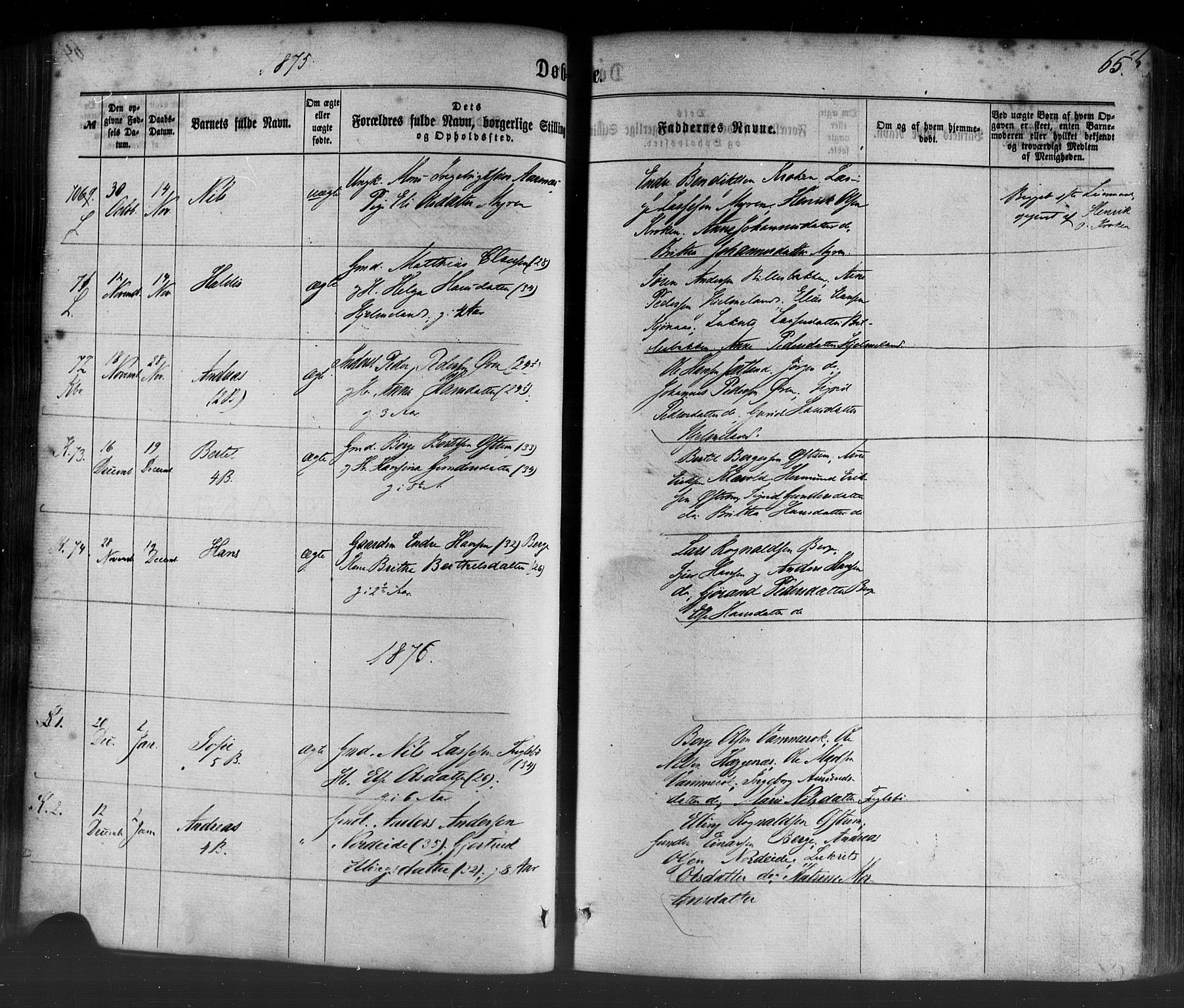 Lavik sokneprestembete, AV/SAB-A-80901: Parish register (official) no. A 4, 1864-1881, p. 65