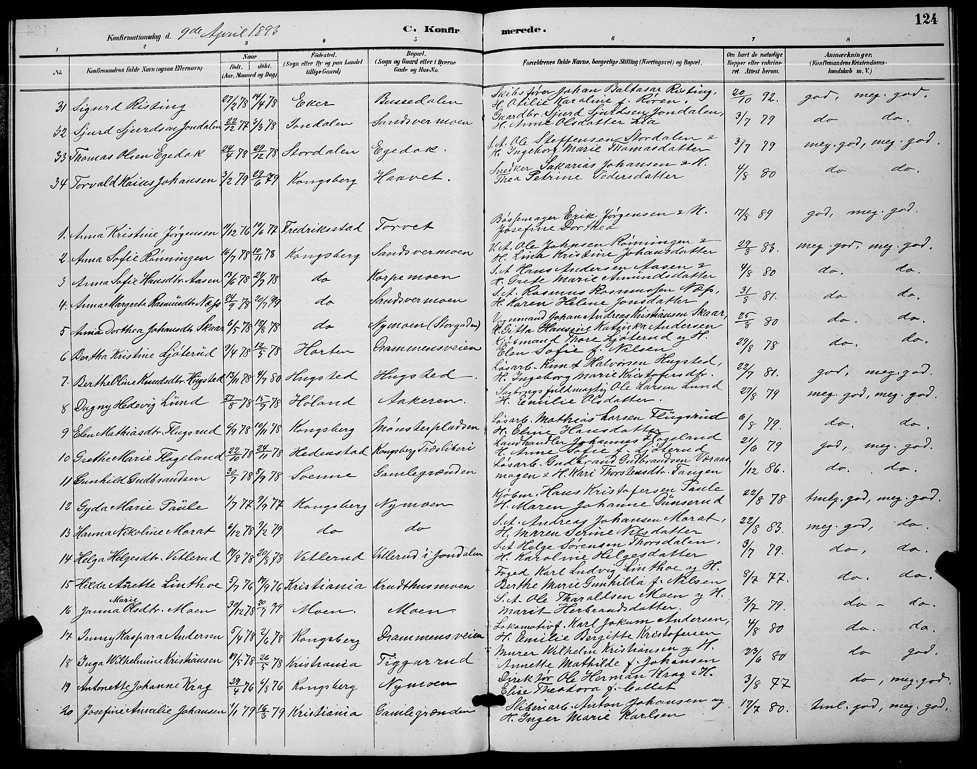 Kongsberg kirkebøker, AV/SAKO-A-22/G/Ga/L0006: Parish register (copy) no. 6, 1890-1901, p. 124