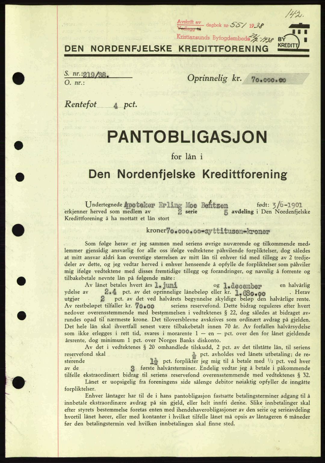 Kristiansund byfogd, SAT/A-4587/A/27: Mortgage book no. 31, 1938-1939, Diary no: : 551/1938