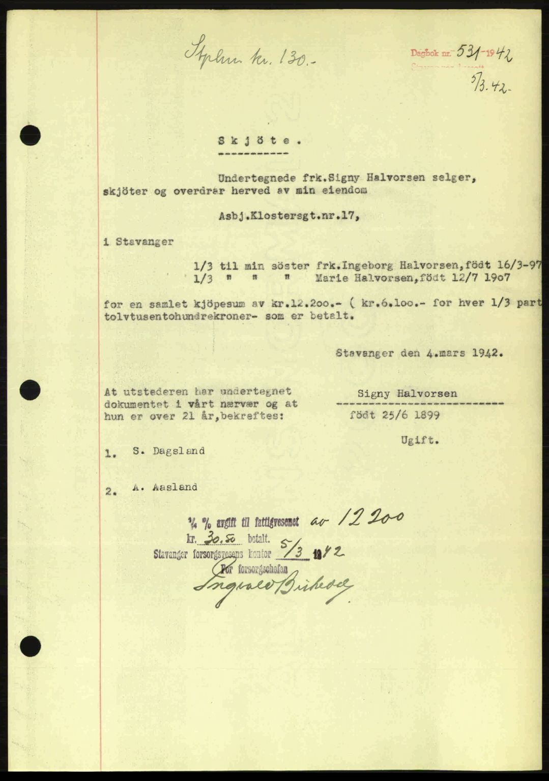 Stavanger byrett, SAST/A-100455/002/G/Gb/L0017: Mortgage book no. A7, 1941-1943, Diary no: : 531/1942
