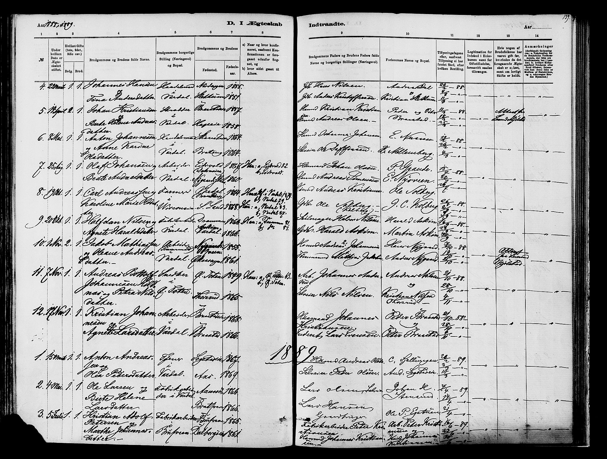 Vardal prestekontor, SAH/PREST-100/H/Ha/Haa/L0009: Parish register (official) no. 9, 1878-1892, p. 139