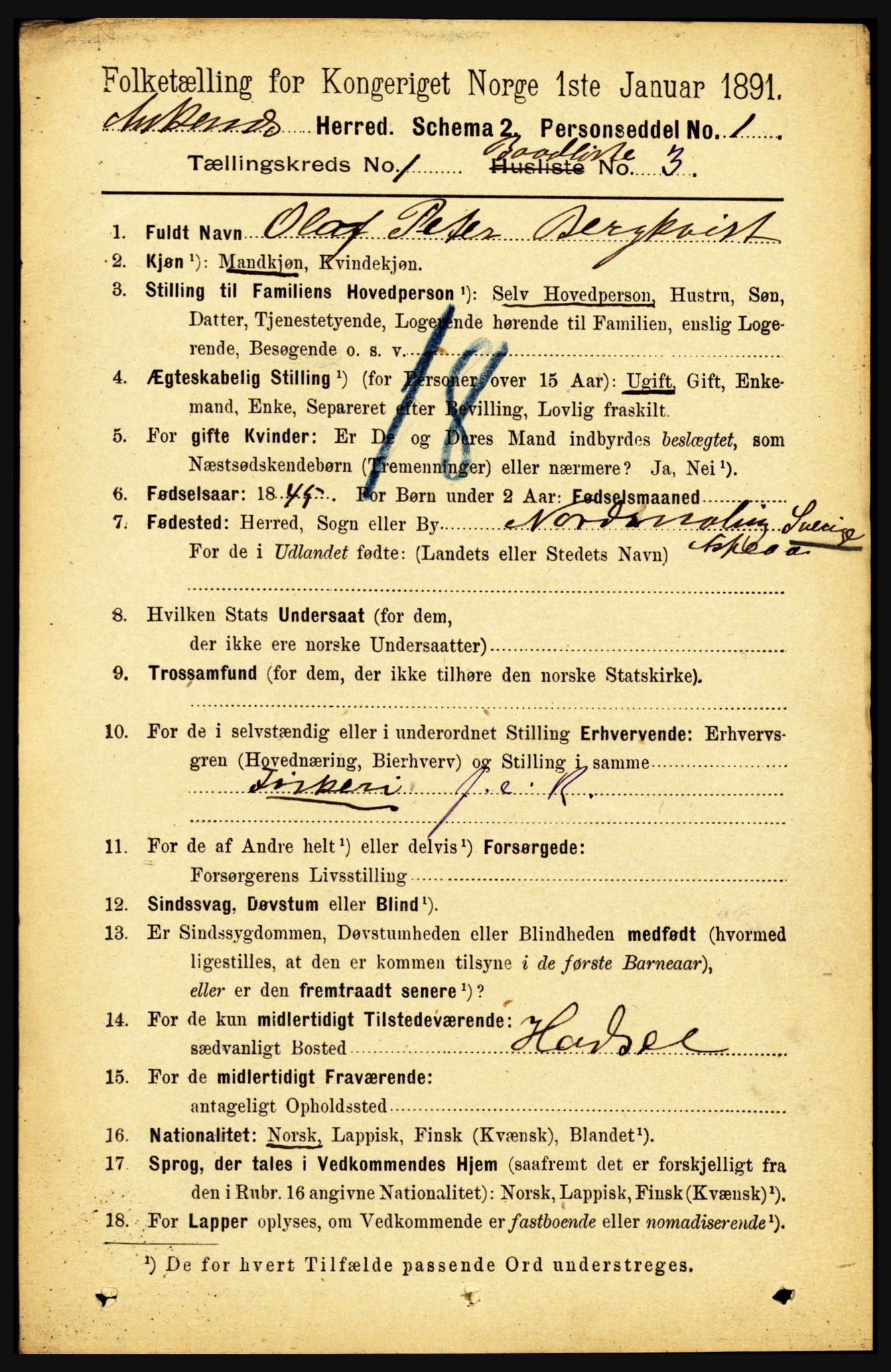 RA, 1891 census for 1855 Ankenes, 1891, p. 758