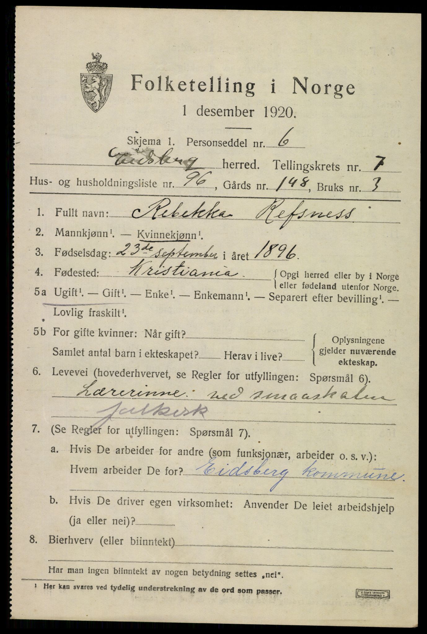 SAO, 1920 census for Eidsberg, 1920, p. 9675