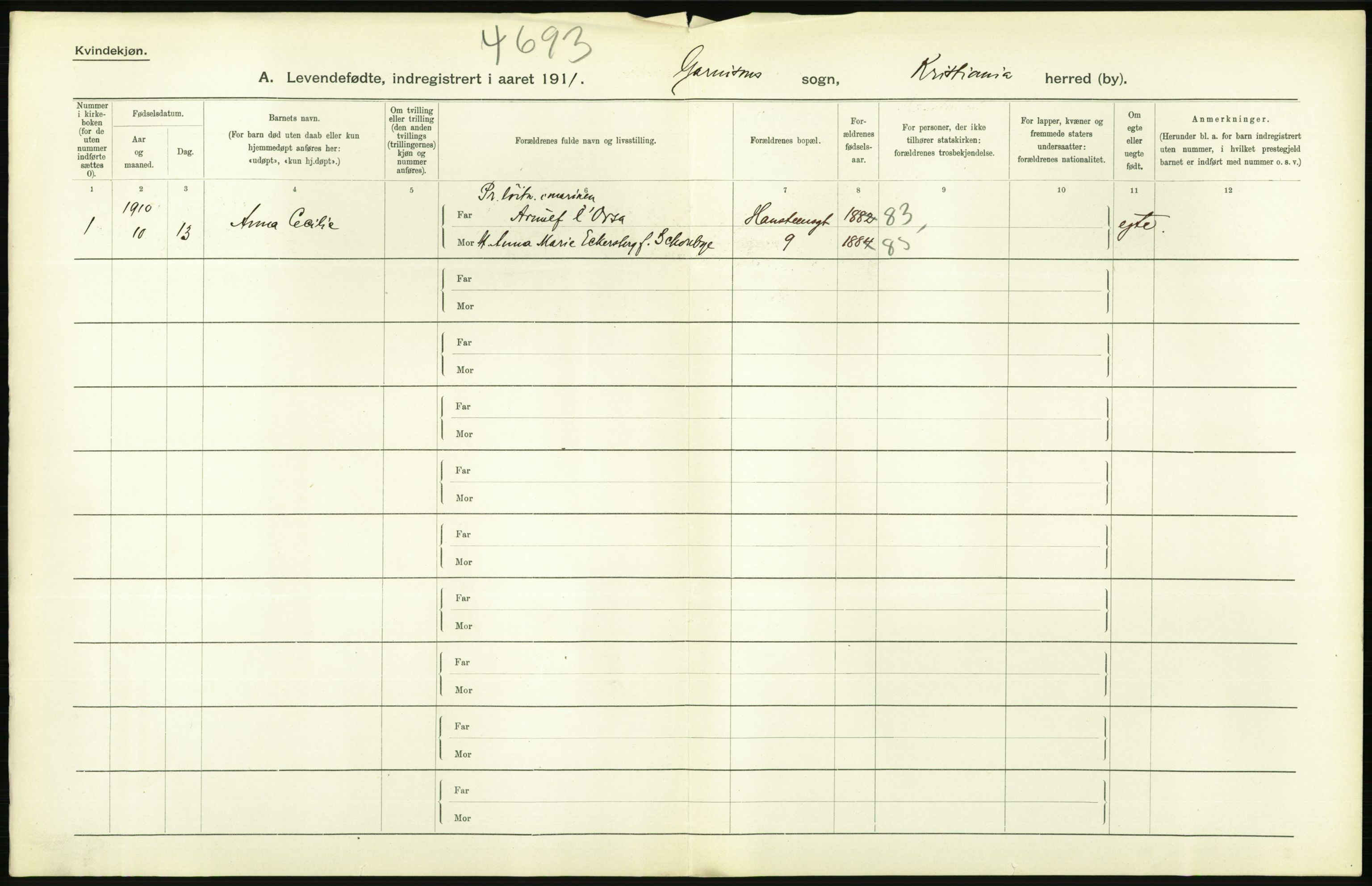 Statistisk sentralbyrå, Sosiodemografiske emner, Befolkning, RA/S-2228/D/Df/Dfb/Dfba/L0007: Kristiania: Levendefødte kvinner., 1911, p. 478