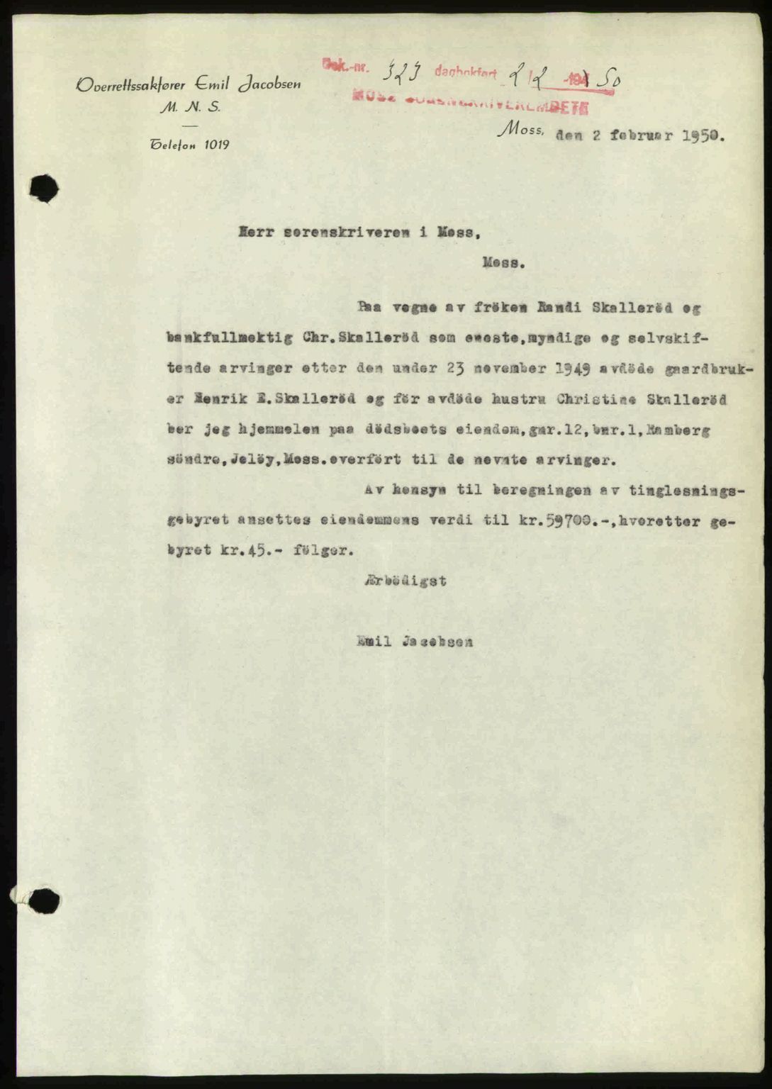 Moss sorenskriveri, SAO/A-10168: Mortgage book no. A25, 1950-1950, Diary no: : 323/1950