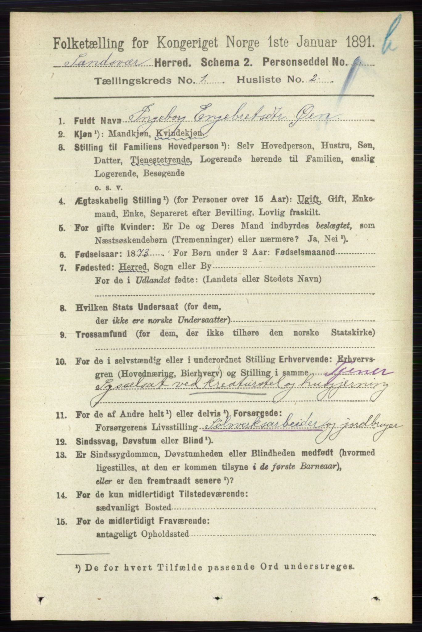 RA, 1891 census for 0629 Sandsvær, 1891, p. 5562