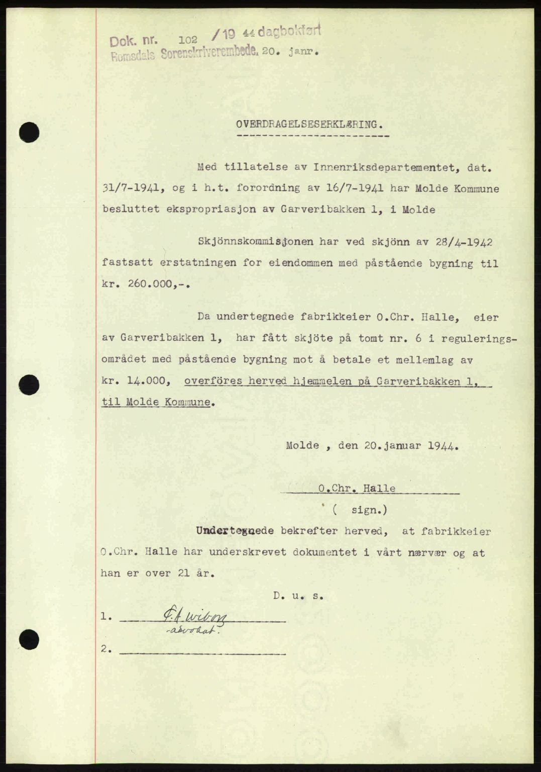 Romsdal sorenskriveri, AV/SAT-A-4149/1/2/2C: Mortgage book no. A15, 1943-1944, Diary no: : 102/1944