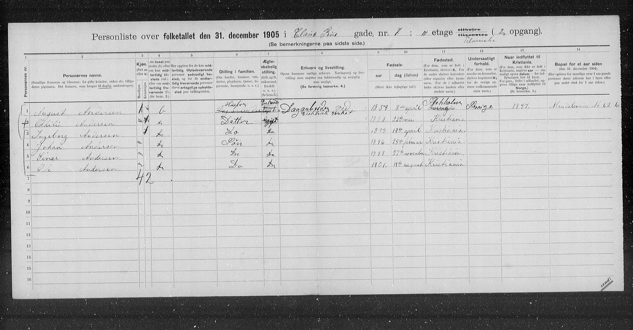 OBA, Municipal Census 1905 for Kristiania, 1905, p. 6695