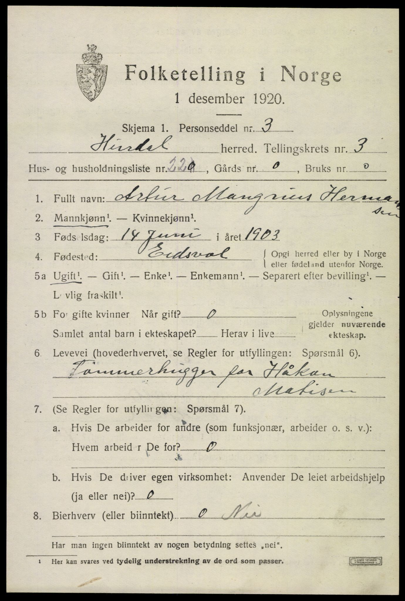 SAO, 1920 census for Hurdal, 1920, p. 2452