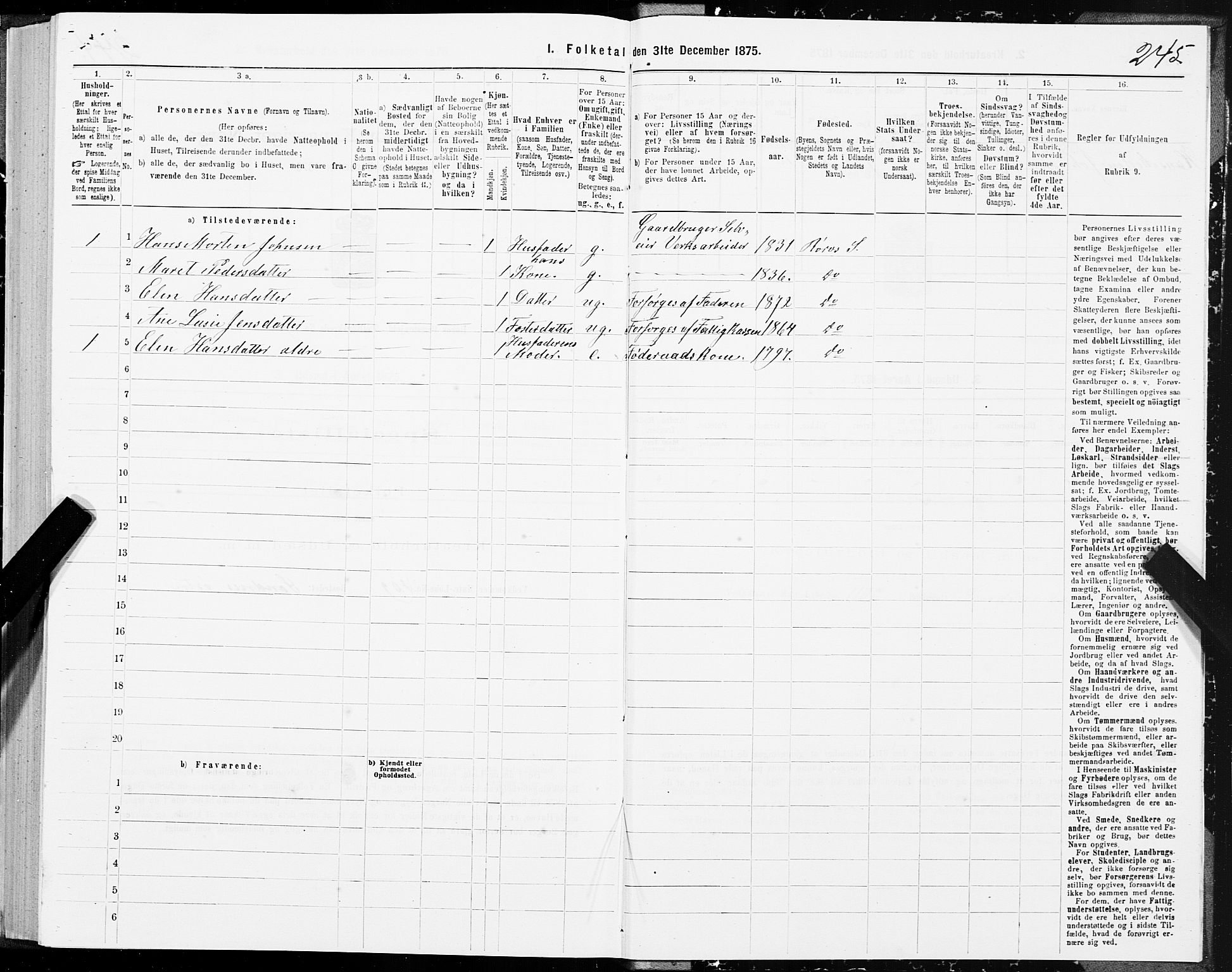 SAT, 1875 census for 1640P Røros, 1875, p. 4245