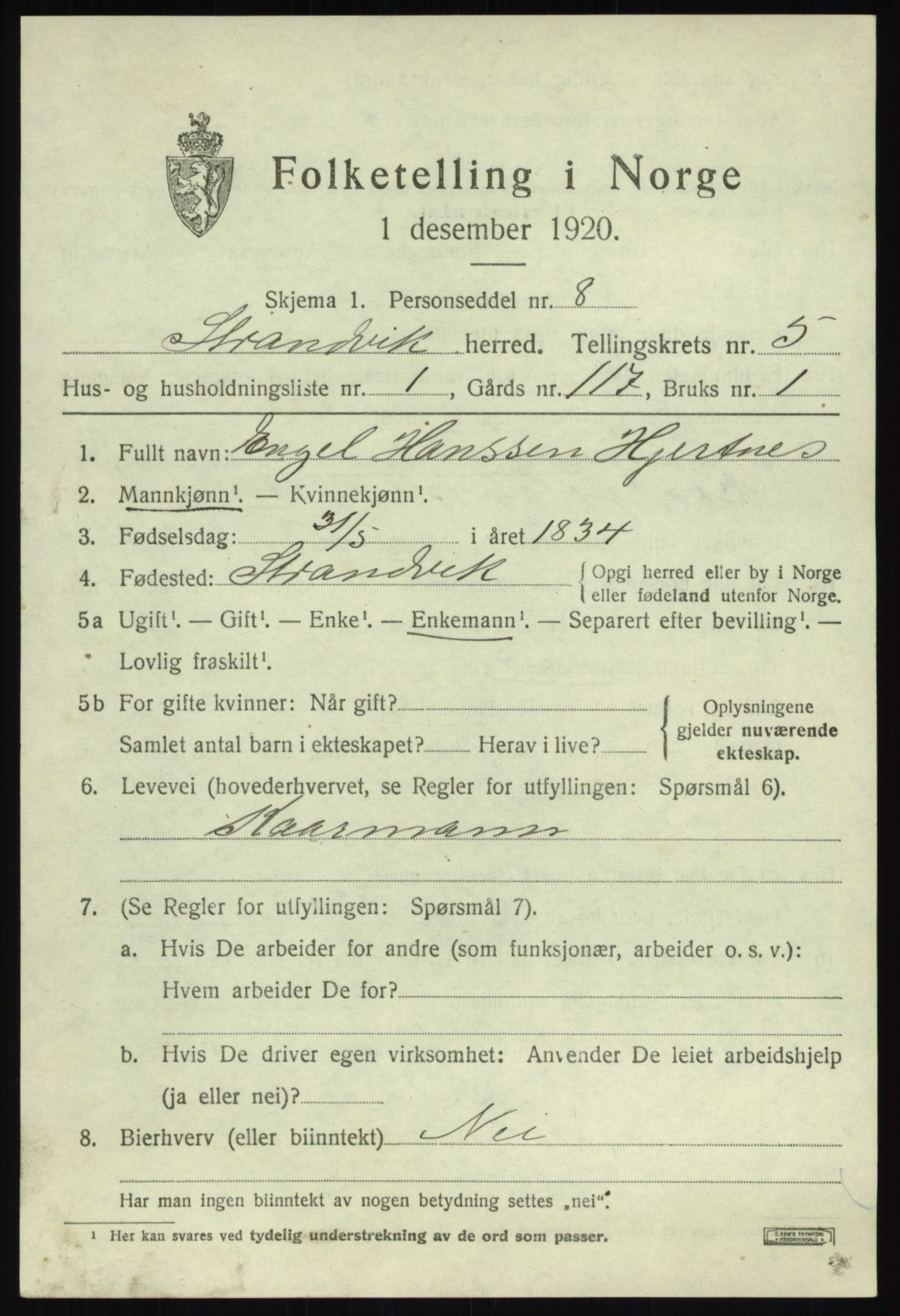 SAB, 1920 census for Strandvik, 1920, p. 3986