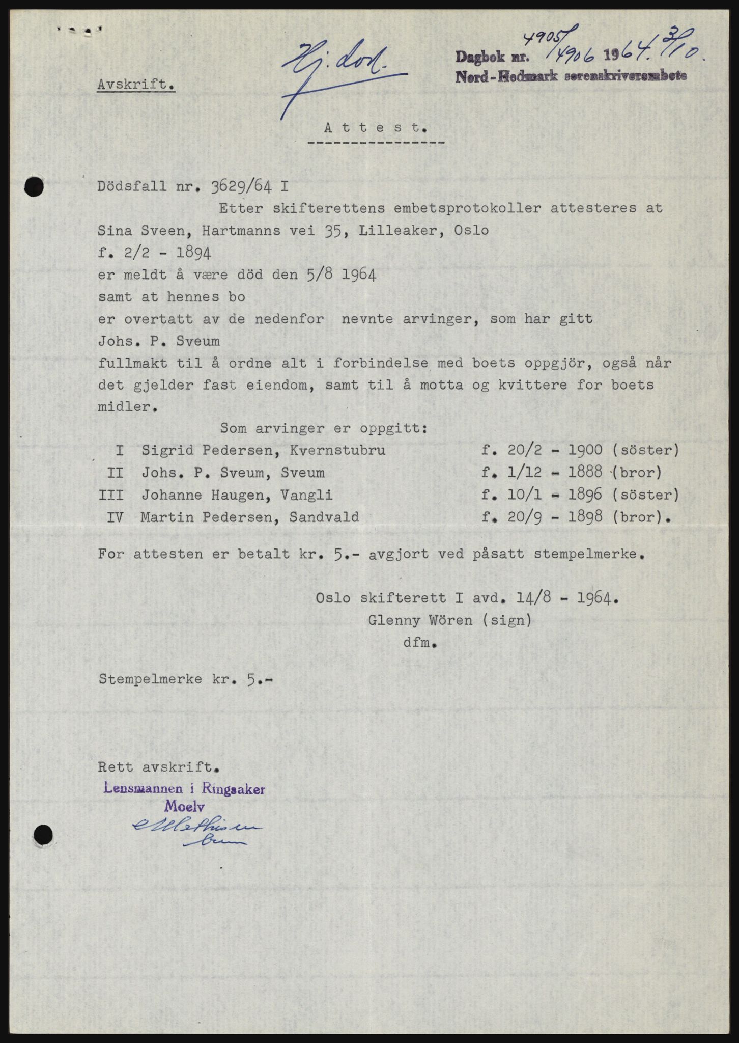 Nord-Hedmark sorenskriveri, AV/SAH-TING-012/H/Hc/L0020: Mortgage book no. 20, 1964-1964, Diary no: : 4905/1964