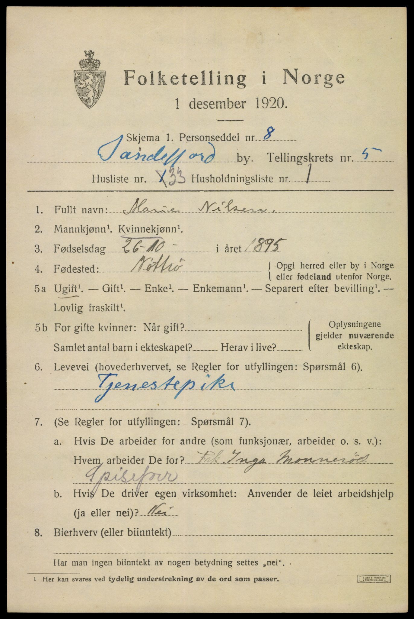 SAKO, 1920 census for Sandefjord, 1920, p. 9054
