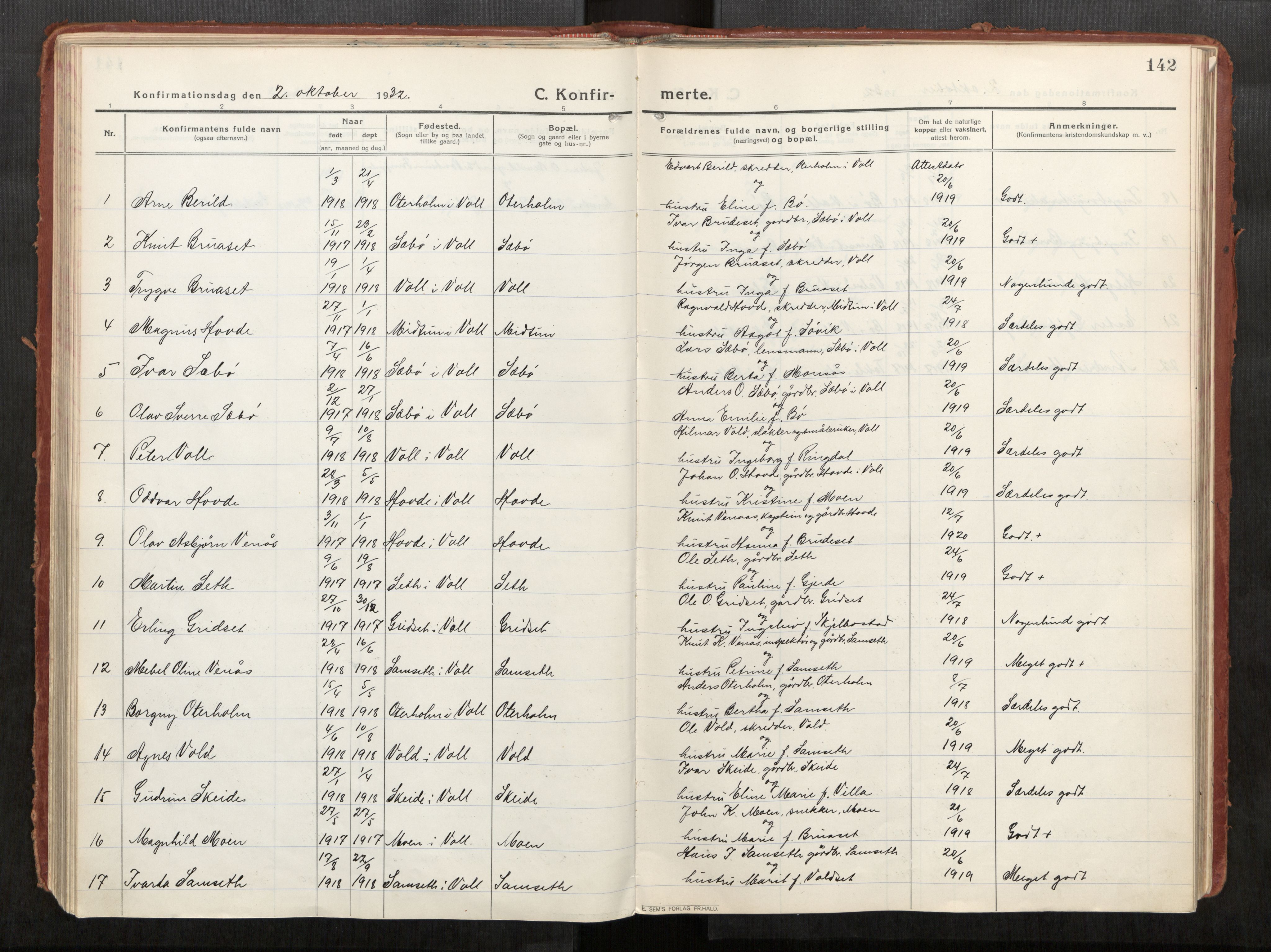 Eid sokneprestkontor, AV/SAT-A-1254: Parish register (official) no. 543A04, 1916-1956, p. 142