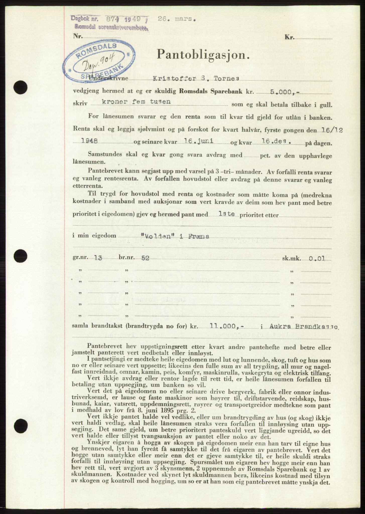 Romsdal sorenskriveri, AV/SAT-A-4149/1/2/2C: Mortgage book no. B4, 1948-1949, Diary no: : 874/1949