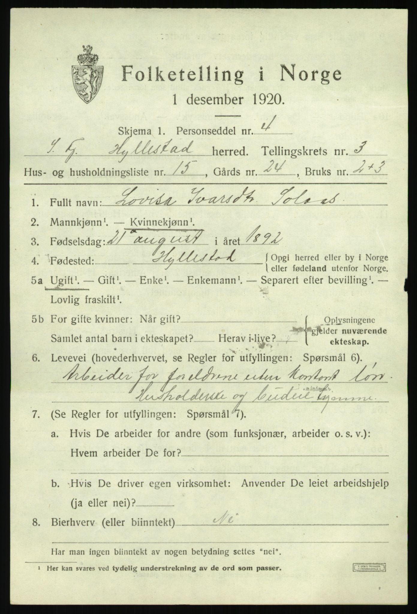 SAB, 1920 census for Hyllestad, 1920, p. 1816