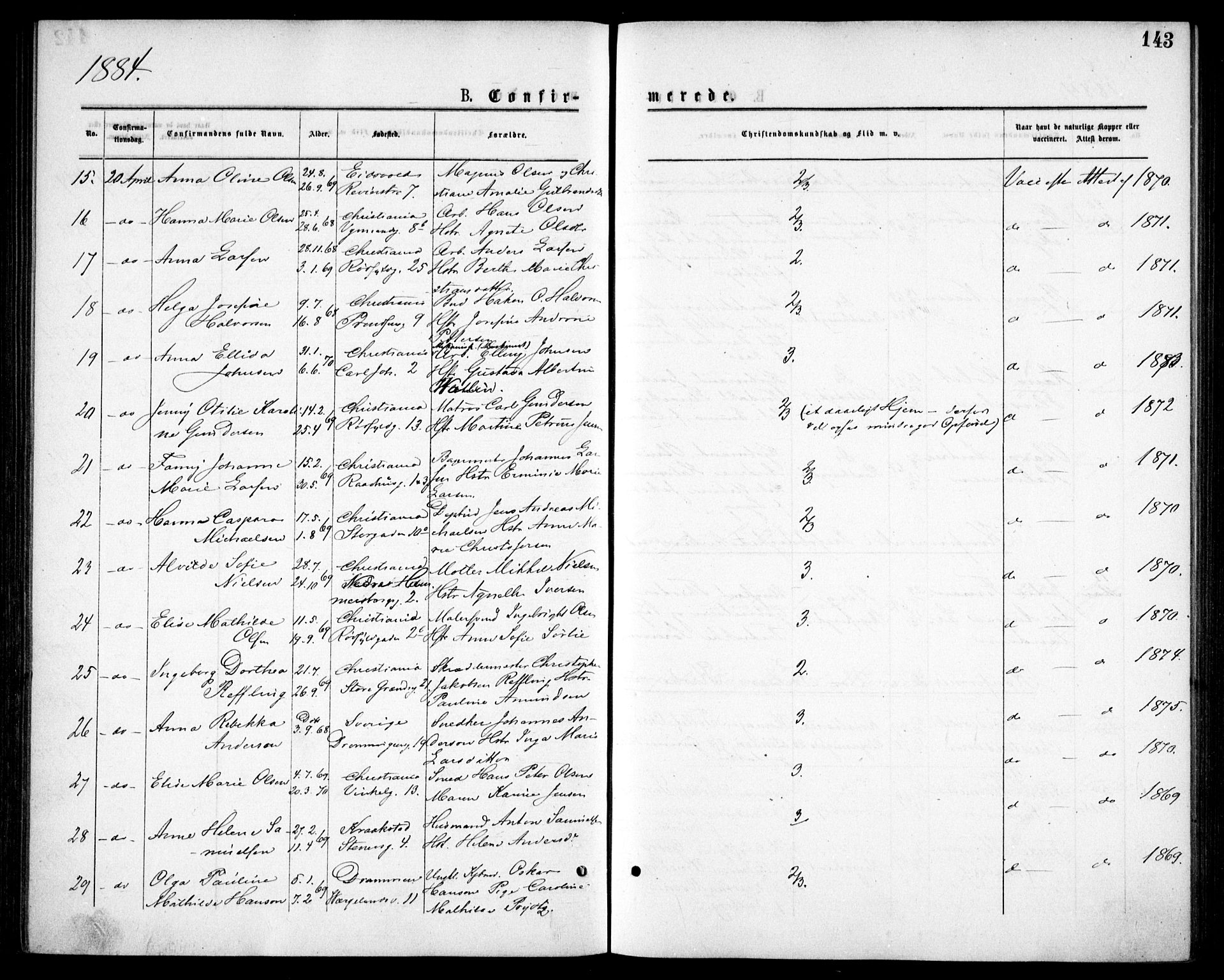 Oslo domkirke Kirkebøker, SAO/A-10752/F/Fa/L0018: Parish register (official) no. 18, 1872-1886, p. 143