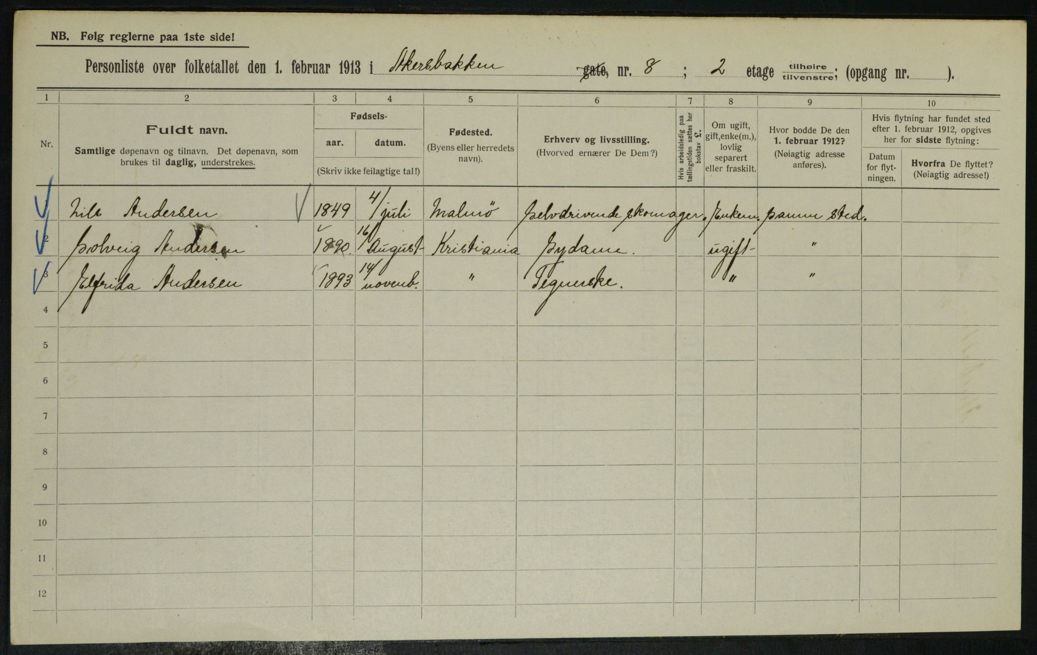 OBA, Municipal Census 1913 for Kristiania, 1913, p. 38