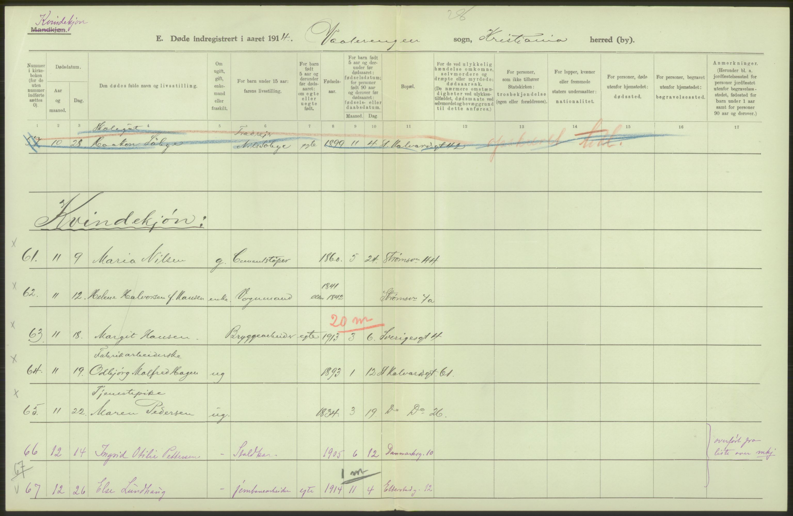 Statistisk sentralbyrå, Sosiodemografiske emner, Befolkning, AV/RA-S-2228/D/Df/Dfb/Dfbd/L0008: Kristiania: Døde, 1914, p. 186