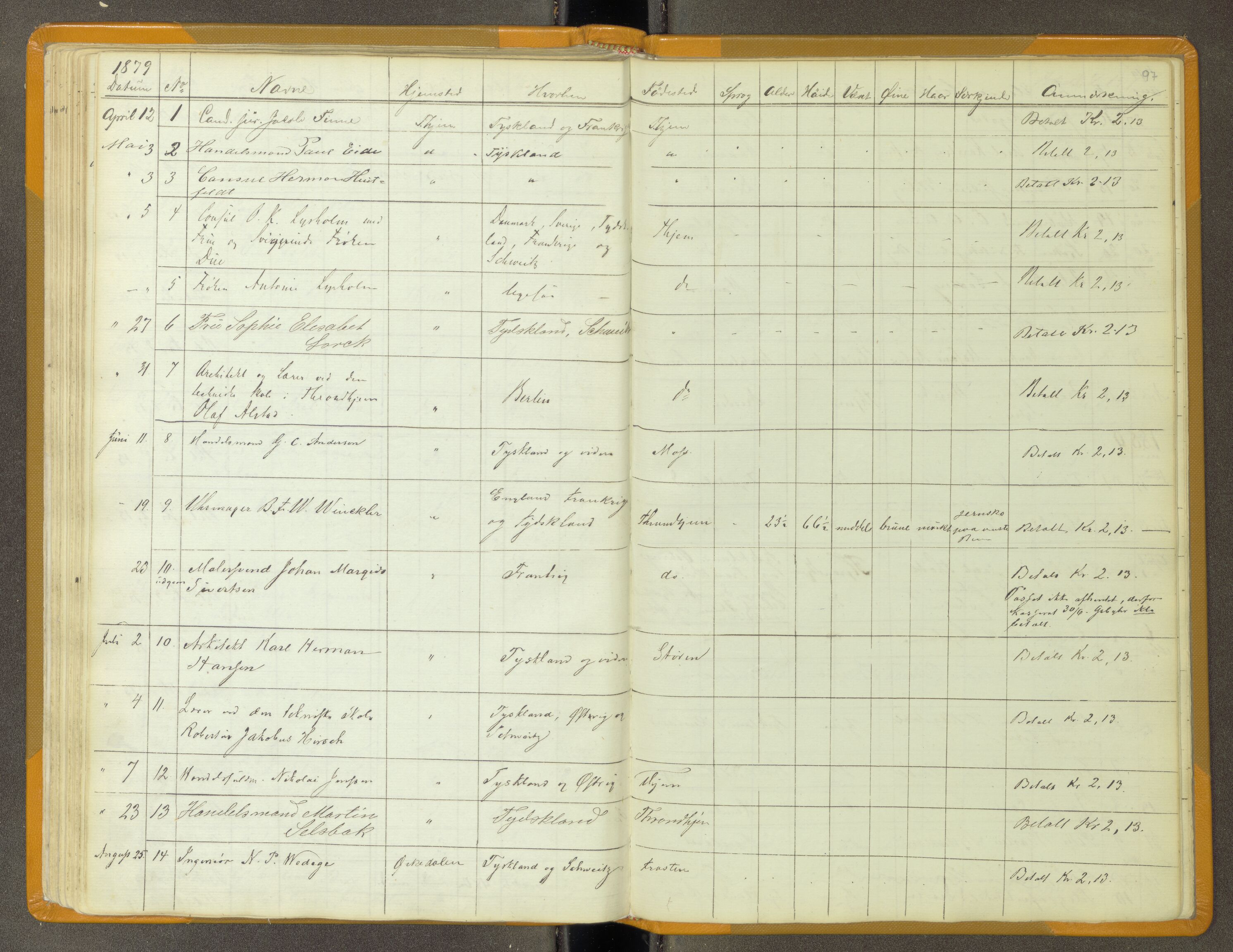 Trondheim politikammer, AV/SAT-A-1887/1/30/L0011: Passprotokoll. Utstedte pass 1855-1890. Utstede og forviste handelsbrev 1857-1860, 1855-1890, p. 96b-97a