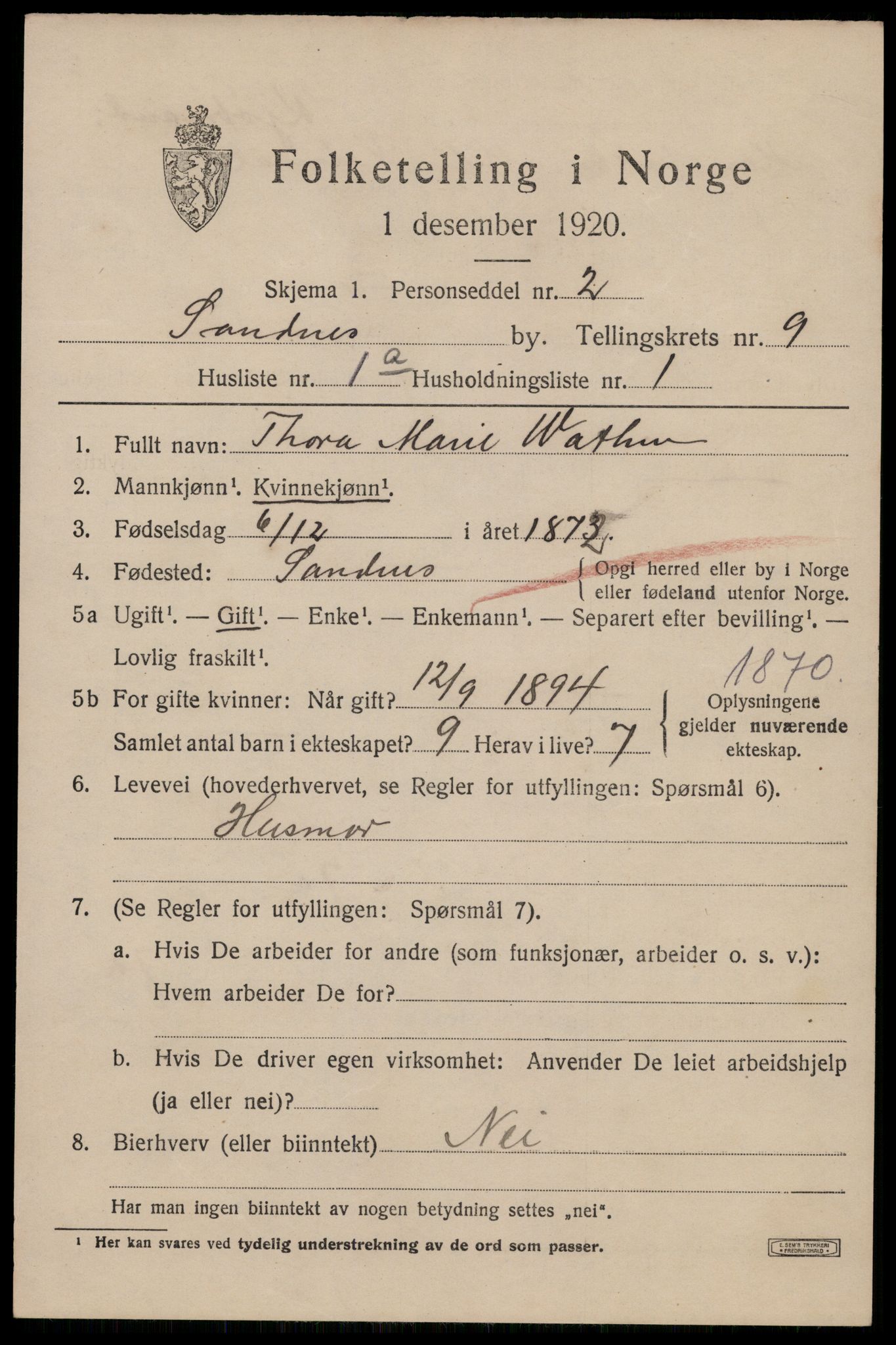 SAST, 1920 census for Sandnes, 1920, p. 6184