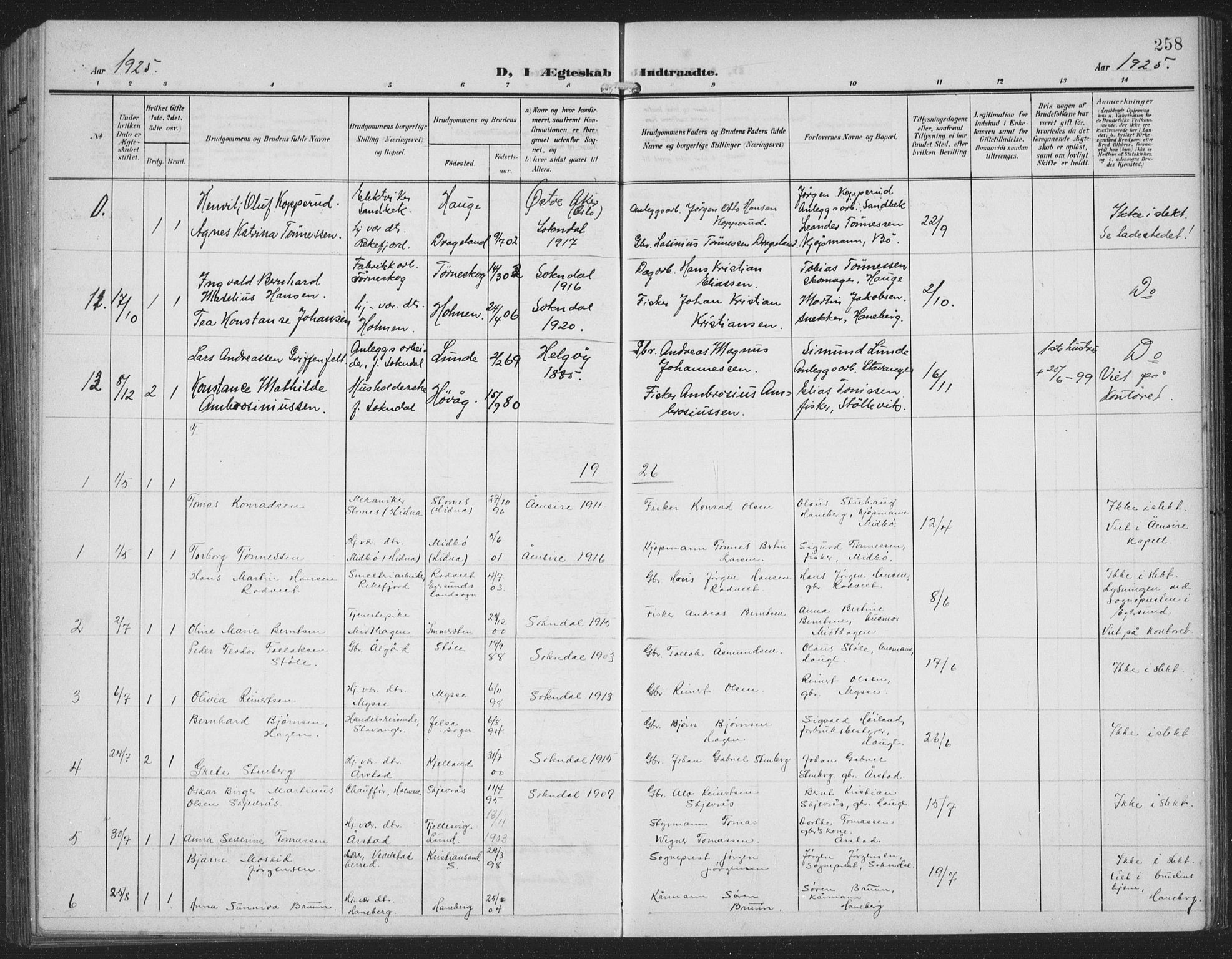 Sokndal sokneprestkontor, SAST/A-101808: Parish register (copy) no. B 8, 1908-1934, p. 258