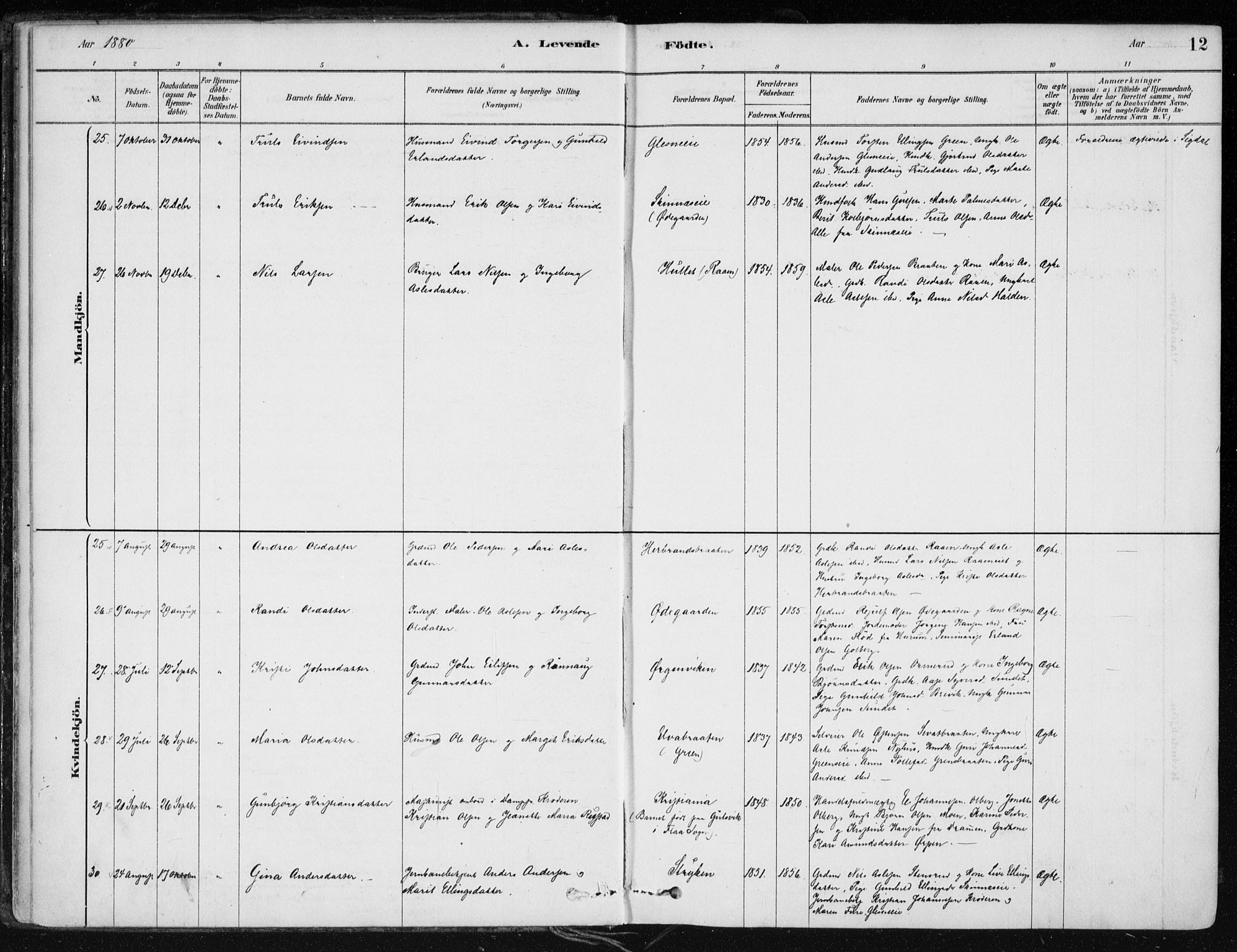 Krødsherad kirkebøker, AV/SAKO-A-19/F/Fa/L0005: Parish register (official) no. 5, 1879-1888, p. 12