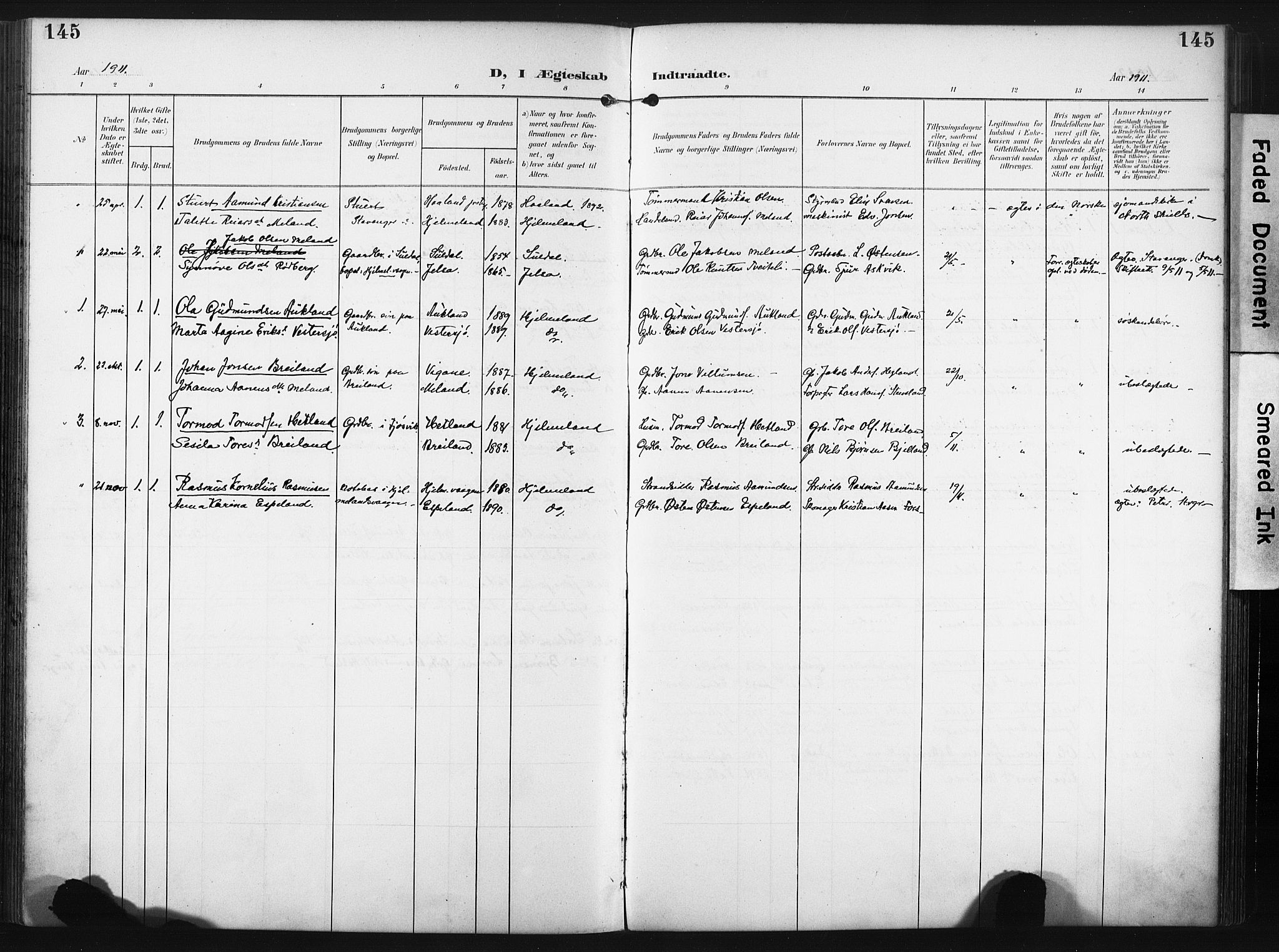 Hjelmeland sokneprestkontor, SAST/A-101843/02/A/L0002: Parish register (official) no. A 17, 1901-1916, p. 145
