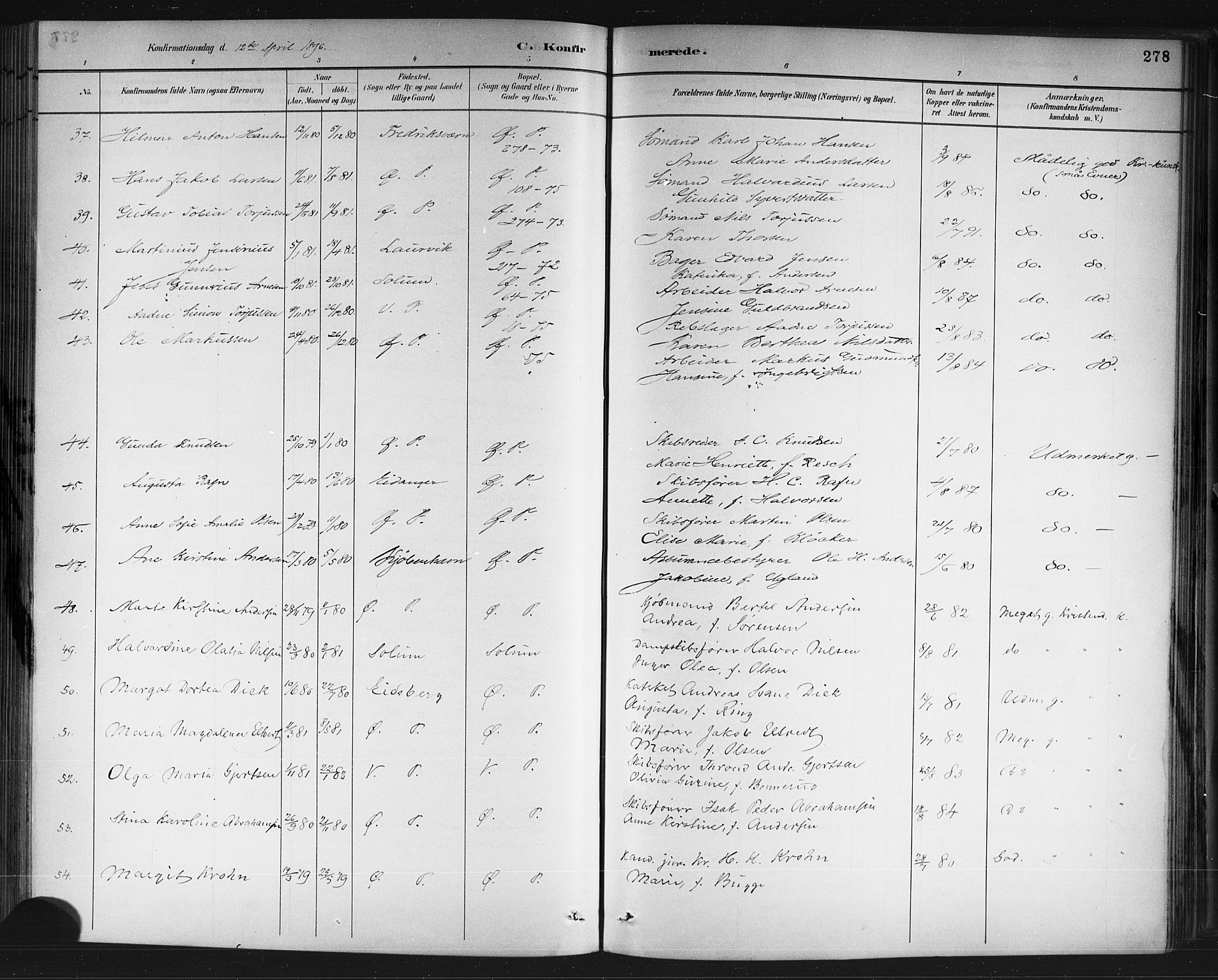 Porsgrunn kirkebøker , AV/SAKO-A-104/G/Gb/L0005: Parish register (copy) no. II 5, 1883-1915, p. 278