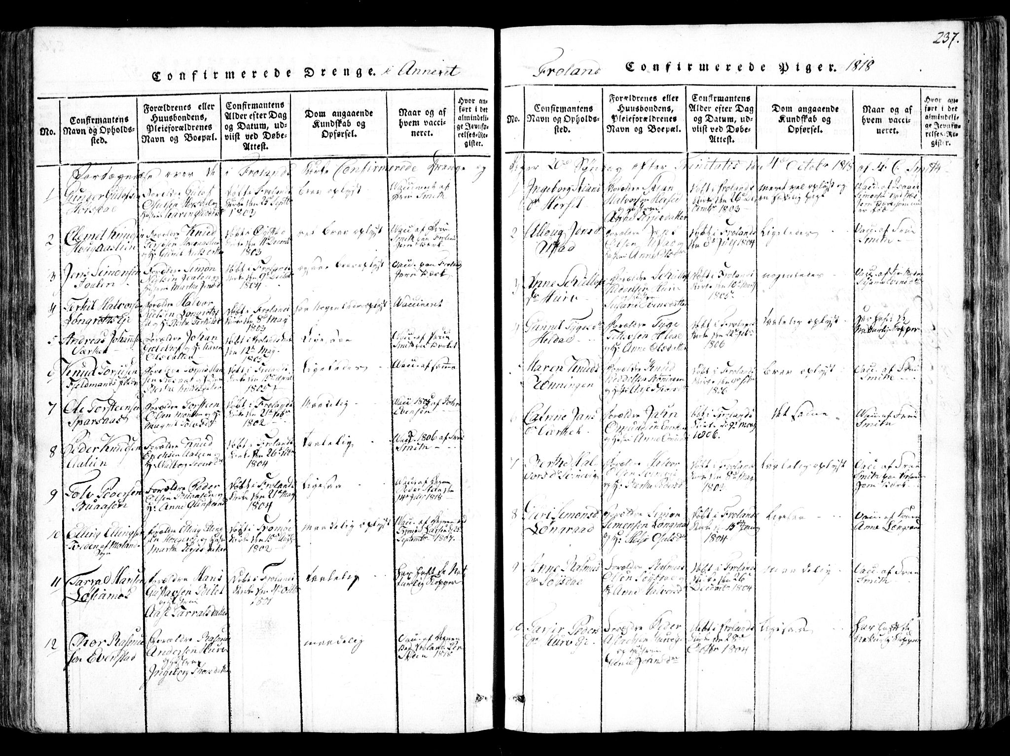 Fjære sokneprestkontor, AV/SAK-1111-0011/F/Fb/L0007: Parish register (copy) no. B 7, 1816-1826, p. 237