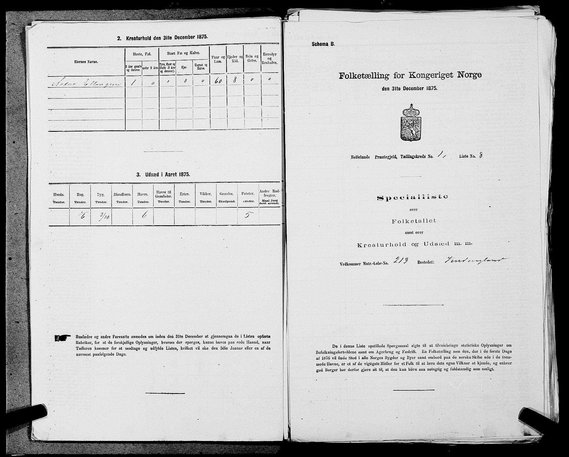 SAST, 1875 census for 1115P Helleland, 1875, p. 524