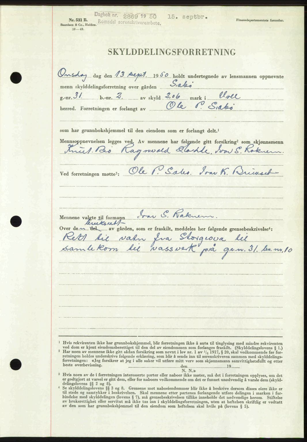 Romsdal sorenskriveri, AV/SAT-A-4149/1/2/2C: Mortgage book no. A34, 1950-1950, Diary no: : 2869/1950