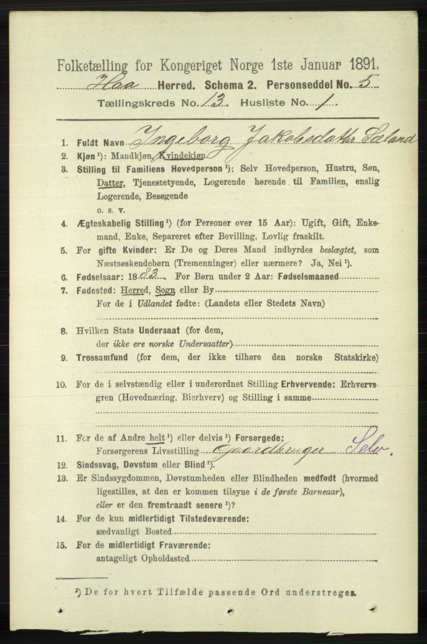 RA, 1891 census for 1119 Hå, 1891, p. 3160