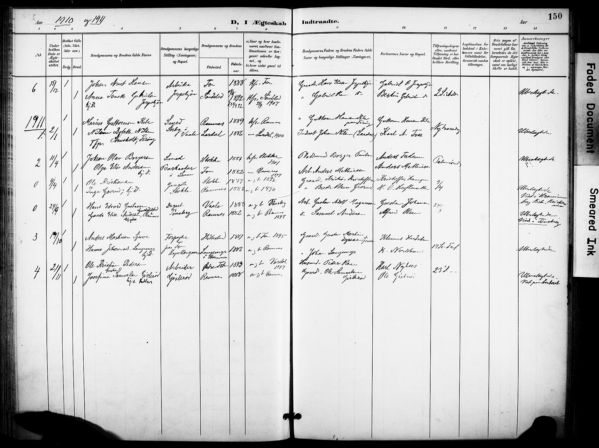 Ramnes kirkebøker, AV/SAKO-A-314/F/Fa/L0008: Parish register (official) no. I 8, 1896-1913, p. 150