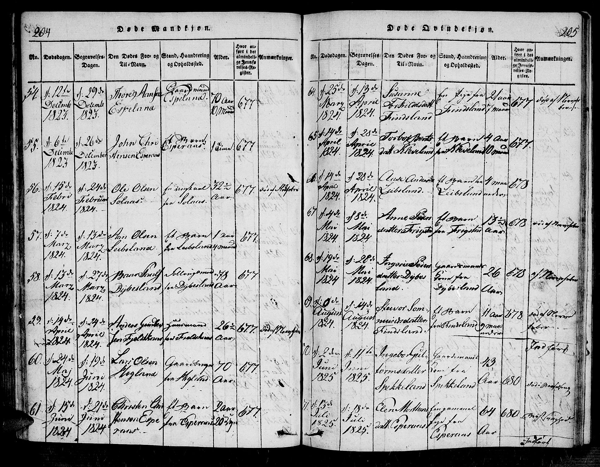 Bjelland sokneprestkontor, SAK/1111-0005/F/Fa/Fab/L0002: Parish register (official) no. A 2, 1816-1869, p. 204-205