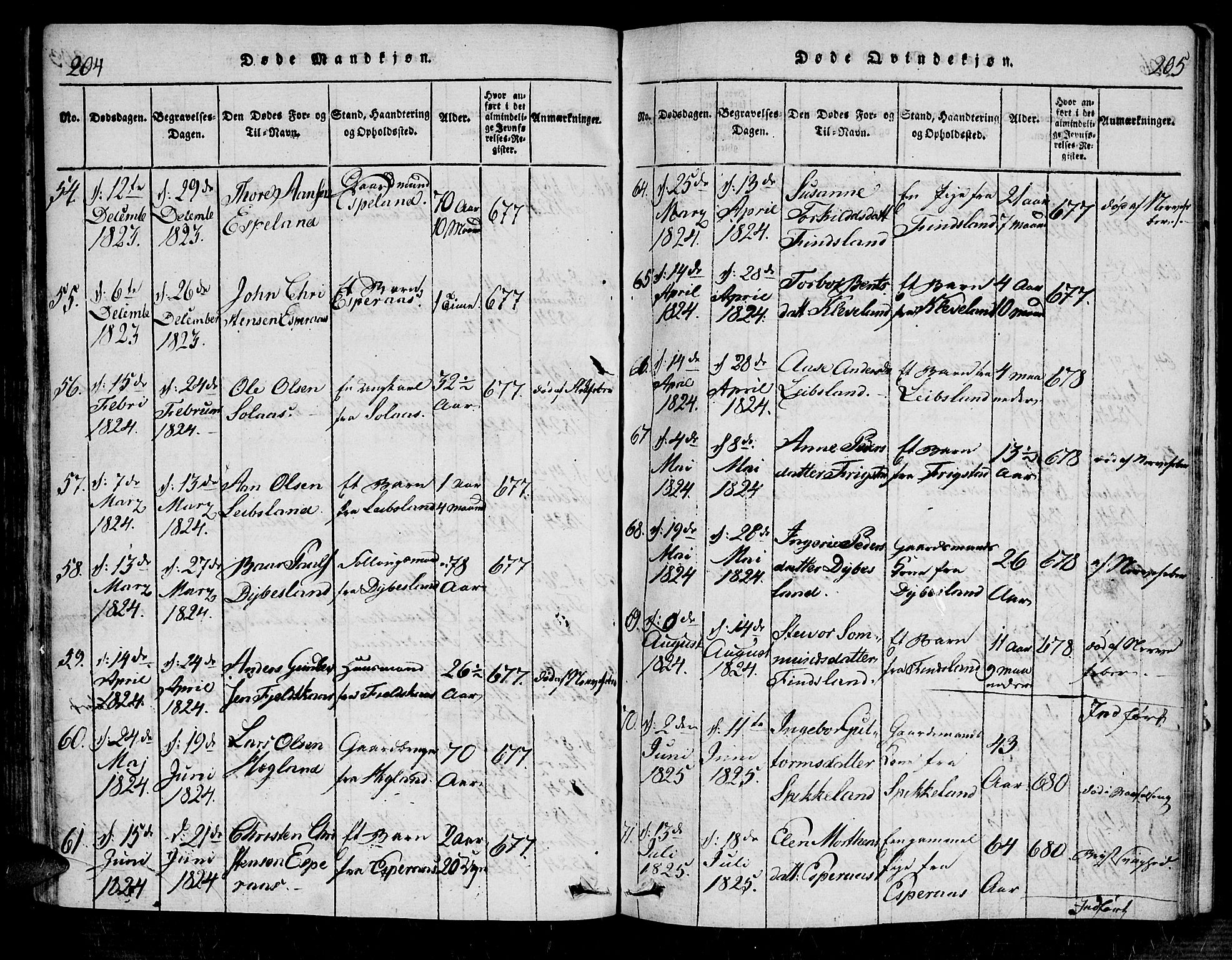 Bjelland sokneprestkontor, AV/SAK-1111-0005/F/Fa/Fab/L0002: Parish register (official) no. A 2, 1816-1869, p. 204-205