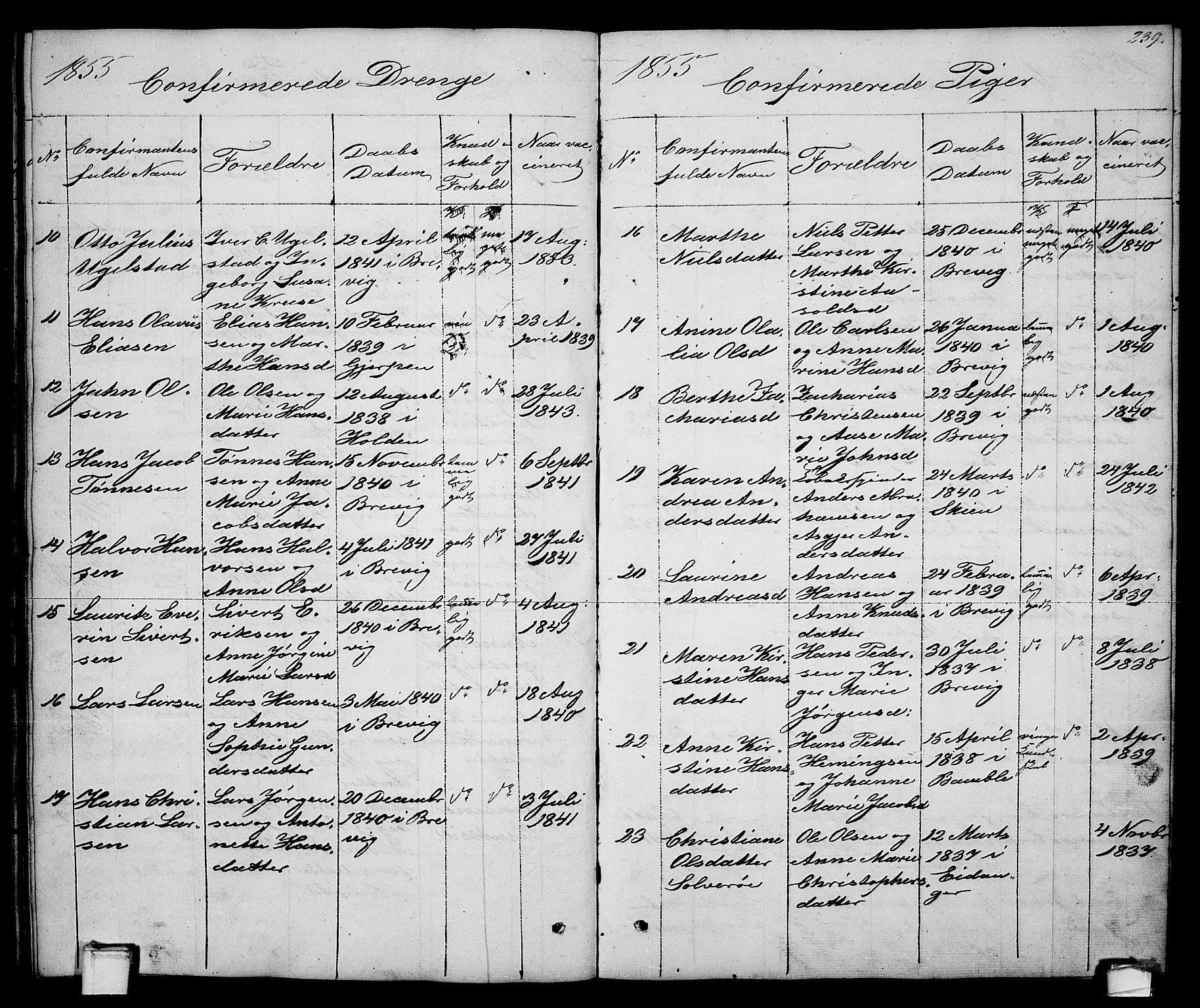 Brevik kirkebøker, AV/SAKO-A-255/G/Ga/L0002: Parish register (copy) no. 2, 1846-1865, p. 239