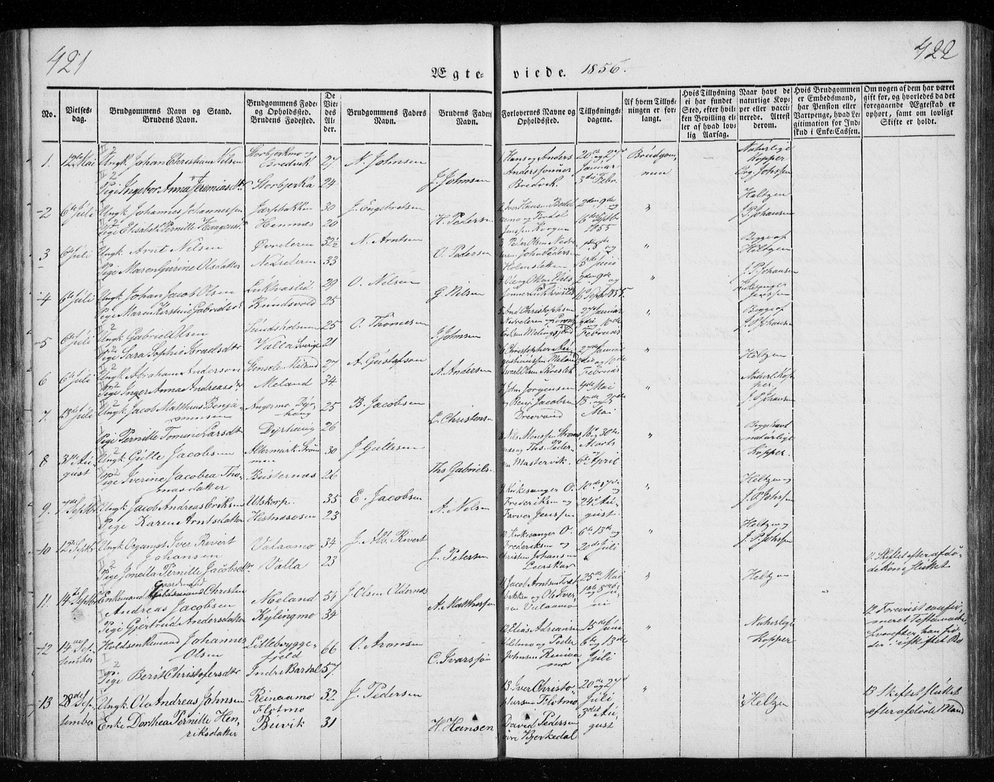 Ministerialprotokoller, klokkerbøker og fødselsregistre - Nordland, SAT/A-1459/825/L0355: Parish register (official) no. 825A09, 1842-1863, p. 421-422